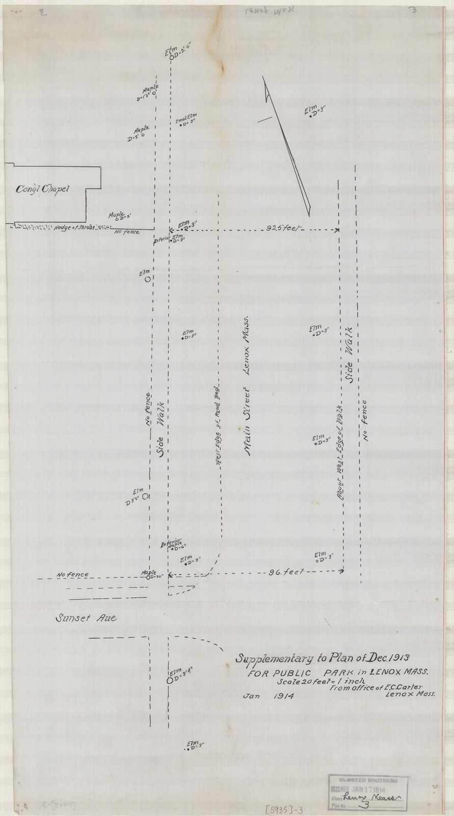 Plan 3, January 1914. “SUPPLIMENTRY TO PLAN OF DEC.1913/ FOR PUBLIC PARK IN LENOX, MA/ ; SCALE 1" = 20'.” Sheet 22¼ by 12 inches. Inventory note: “Rec'd from E.C. Carter, Lenox, Mass. P/I/ To Accompany # 1, P/I/ Rec'd OB. 17-Jan-1914, st. recto/” The spelling is the archive's.