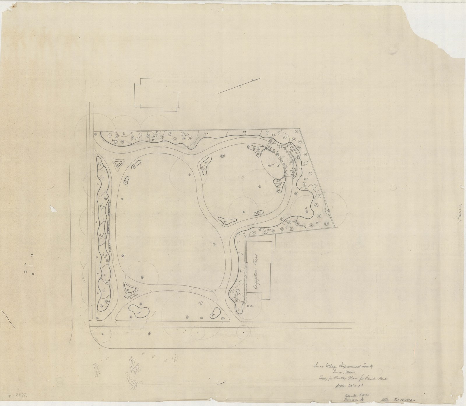 Plan 4, 12 February 1914. “STUDY FOR PLANTING PLAN FOR SMALL PARK/ ; SCALE 1"= 20'.” Sheet 26 by 30½ inches. Inventory note: “(Indicates Chapel & Pool.)/ ( In Envelope Lenox 4.)”