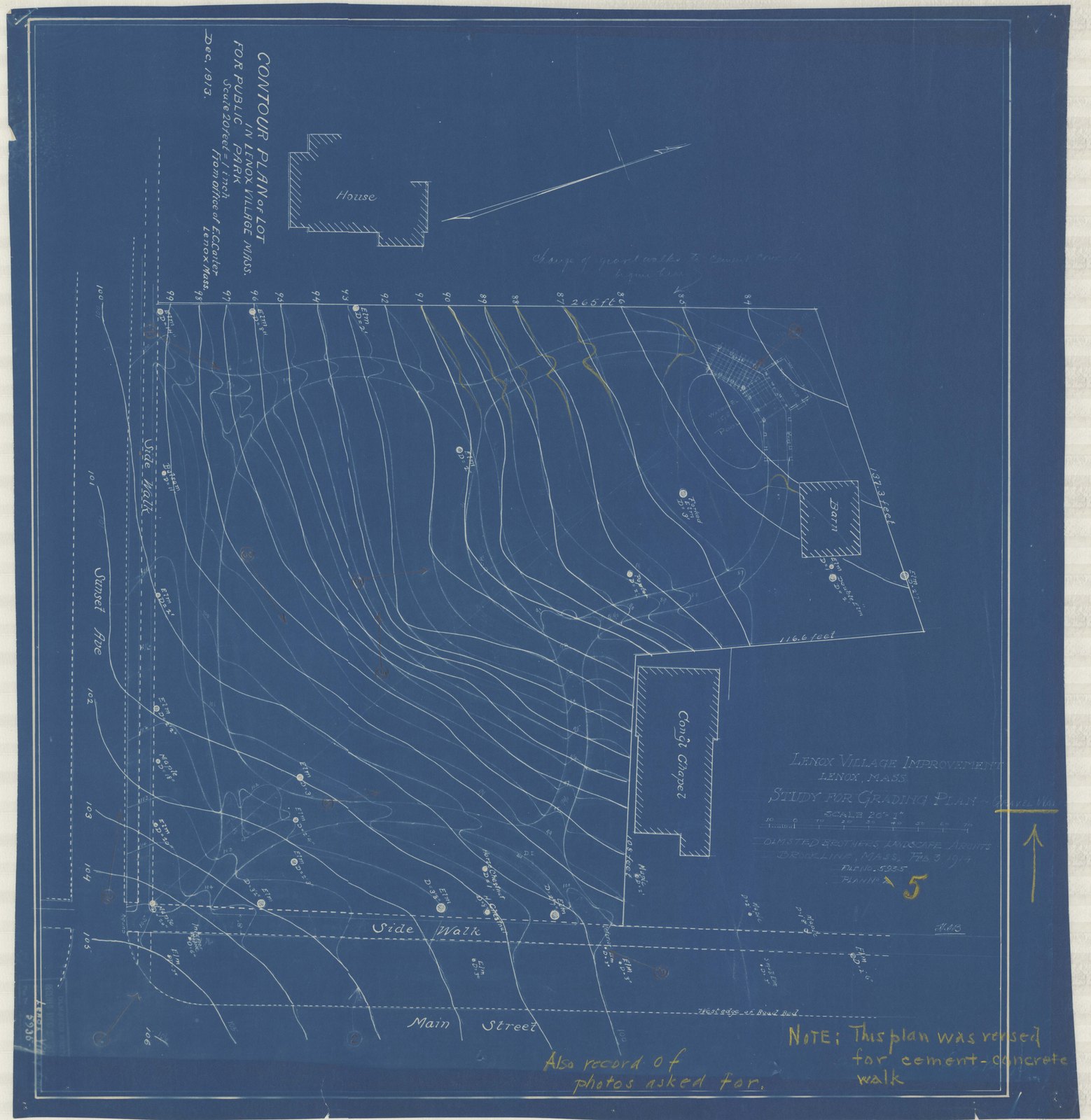 Plan 5, 3 February 1914. “RECORD OF GRADING STUDY WITH THE WALKS OF GRAVEL/ ; SCALE1"= 20'.” Sheet 22½ by 21½ inches. Inventory note: “Revised for concrete walk. P/I/ OBLA, orig/ (Print of # 2 over # 1.)”