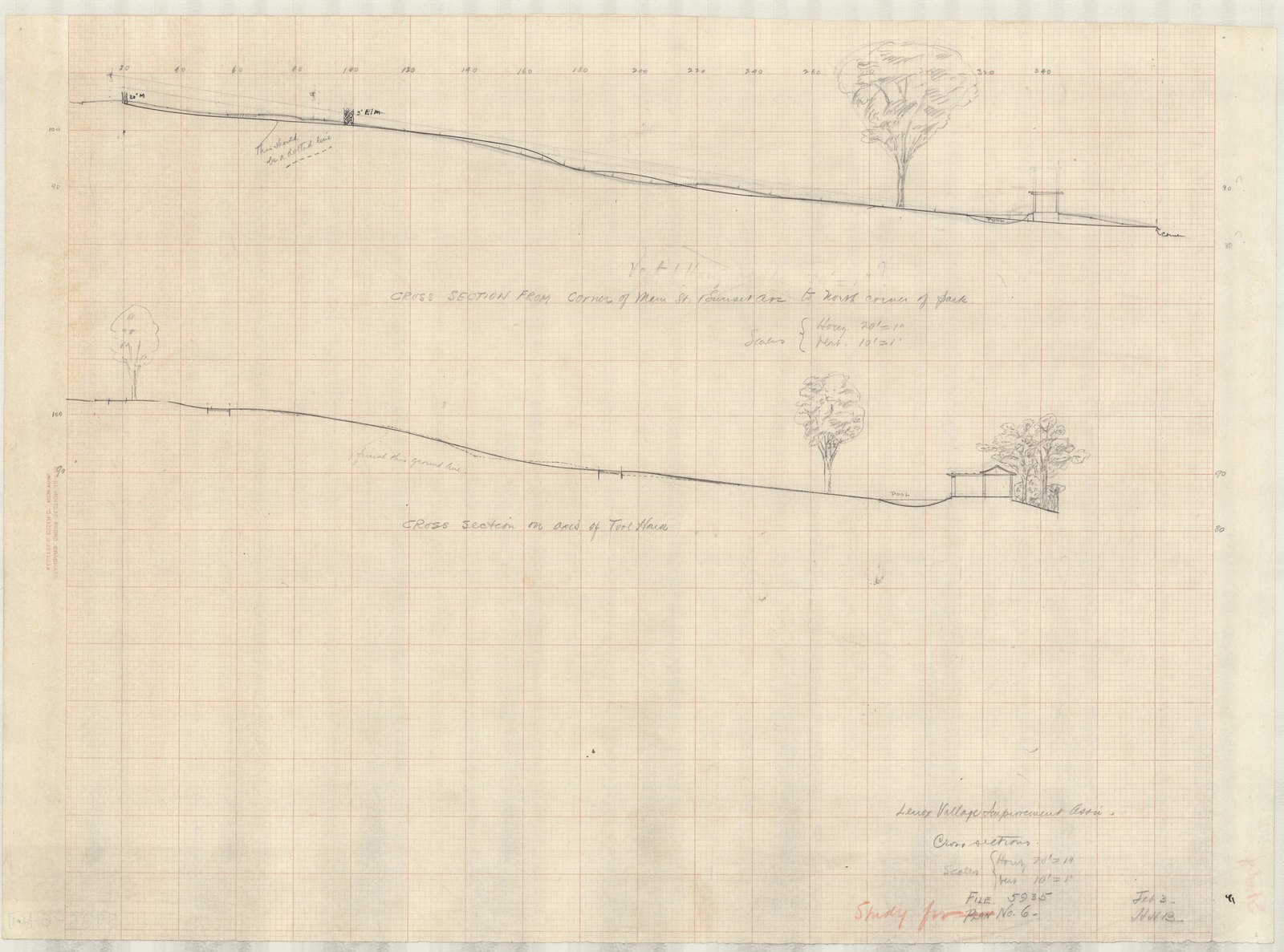 Plan 6, sheet 1, 3 February 1914. “CROSS SECTIONS/; SCALE HOR.1"= 10', VER. 1"= 10'.” Sheet 16¼ by 22¼ inches. Inventory note: “Study For No. 6. recto/ ( In envelope Lenox 6.)/”