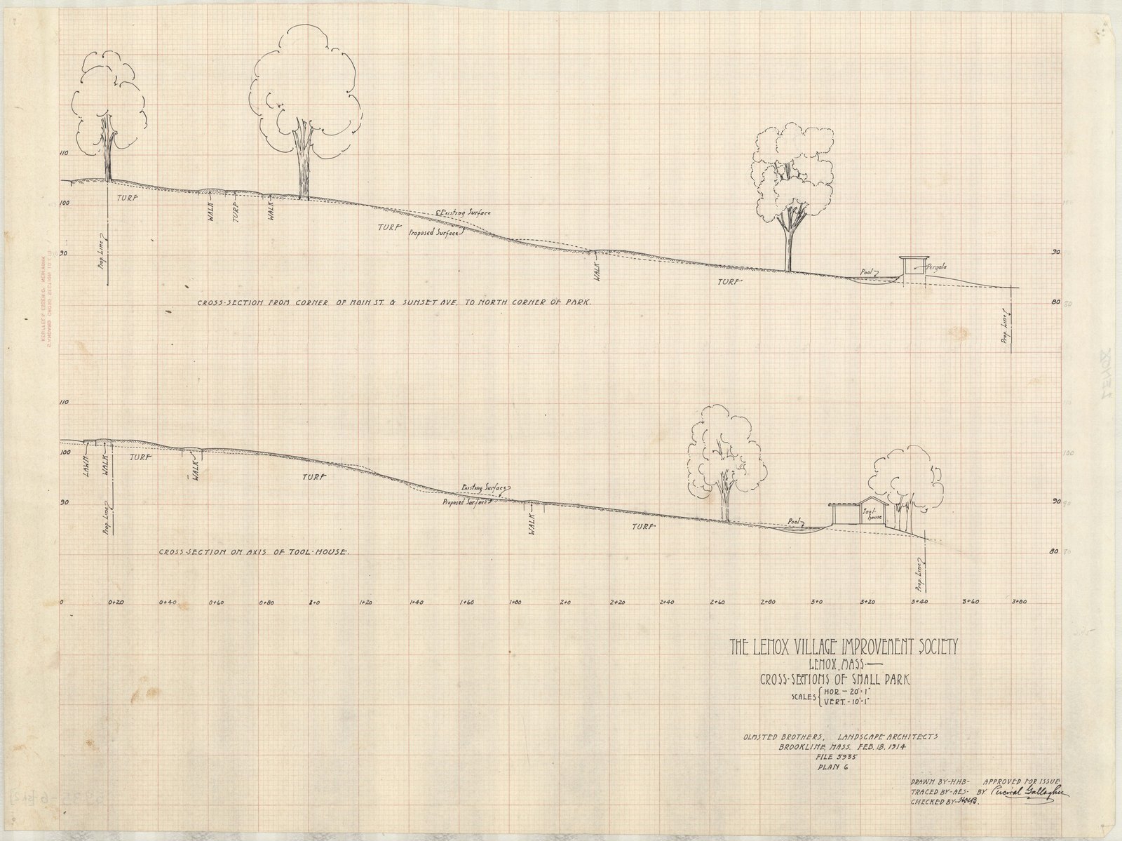 Plan 6, sheet 2, 18 February 1914. “CROSS SECTIONS OF SMALL PARK/; SCALE HOR.1"= 20', VER. 1"= 10'.” Sheet 16¼ by 22¼ inches. Inventory note: “OBLA, recto/ Approved for Issue by Percival Gallagher, recto/ ( In separate envelope labeled Lenox 6.)/”