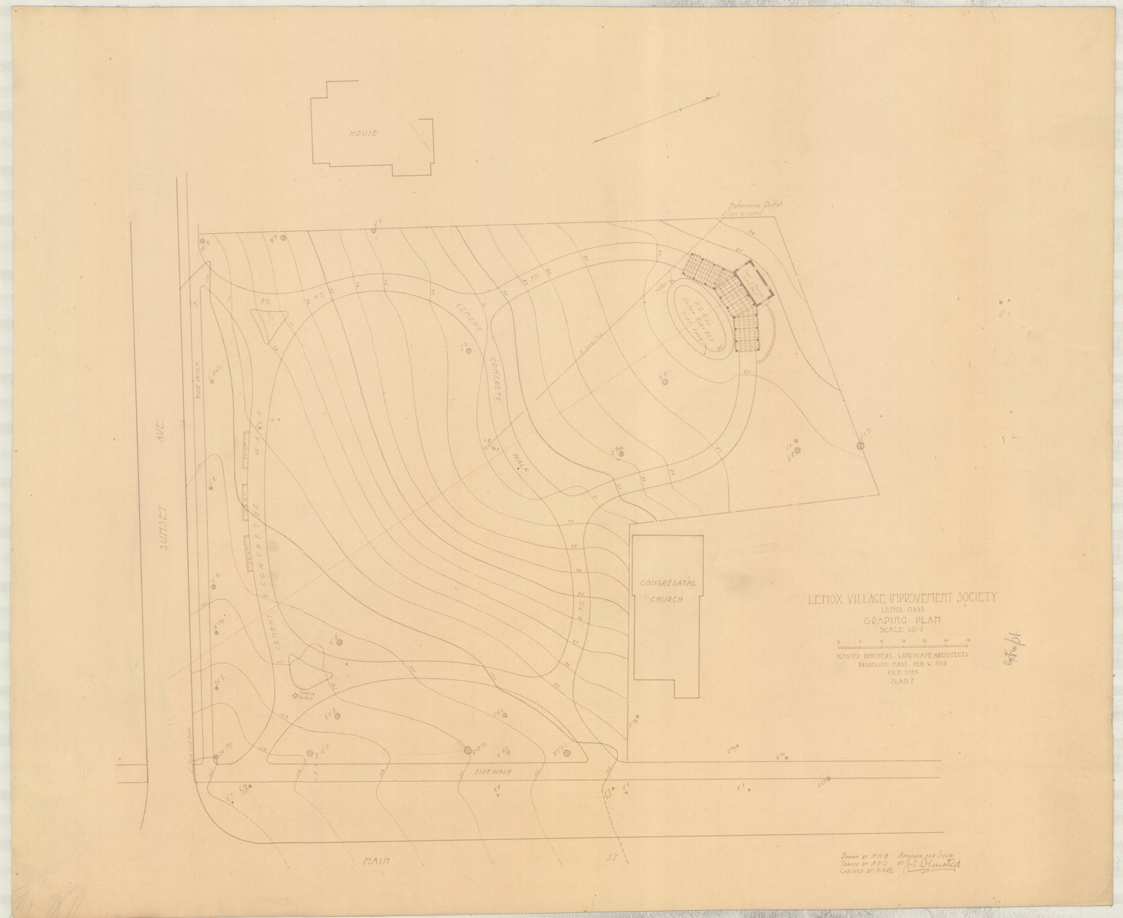 Plan 7, part 1, 6 February 1914. “GRADING PLAN/ ; SCALE 1"= 20'.” Sheet 21 by 25½ inches. Inventory note: “OBLA, orig/ Approved for Issue, J.C. Olmsted, orig/”