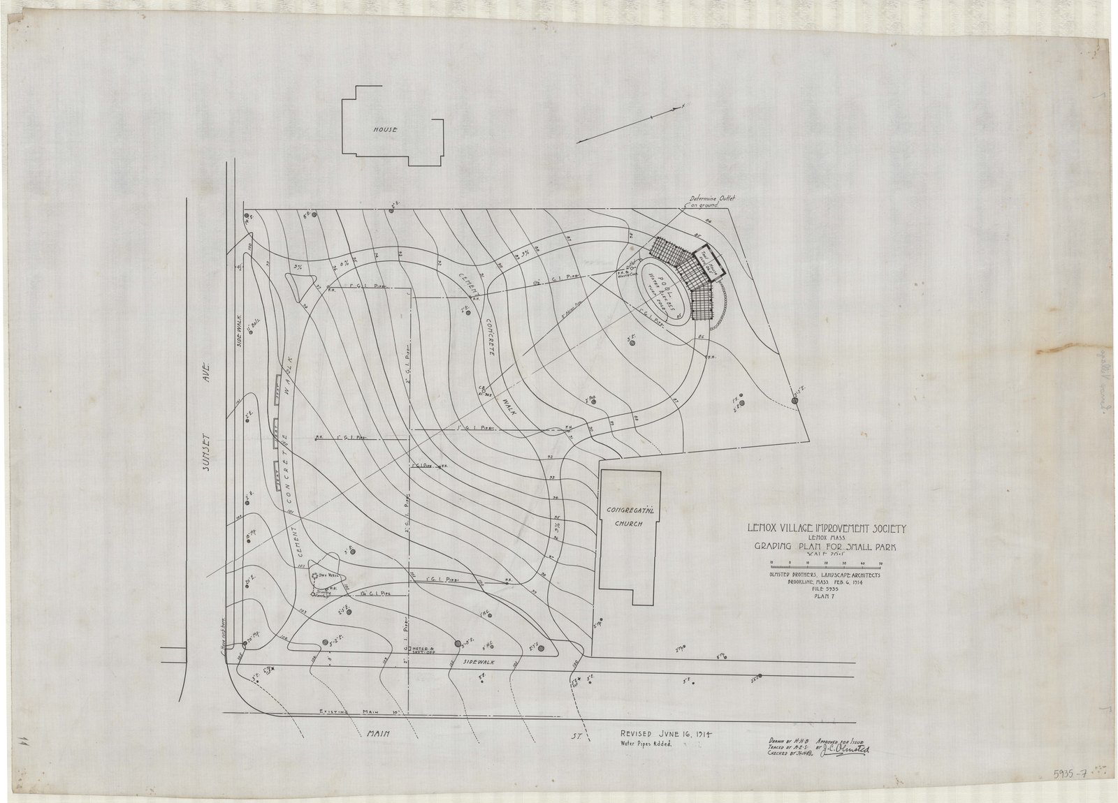 Job 05935, plan 7, 6 February 1914 — “GRADING PLAN FOR SMALL PARK,” Lenox Village Improvement Society. Type 02, City & Regional Planning & Improvement Projects. Twenty-one plans.