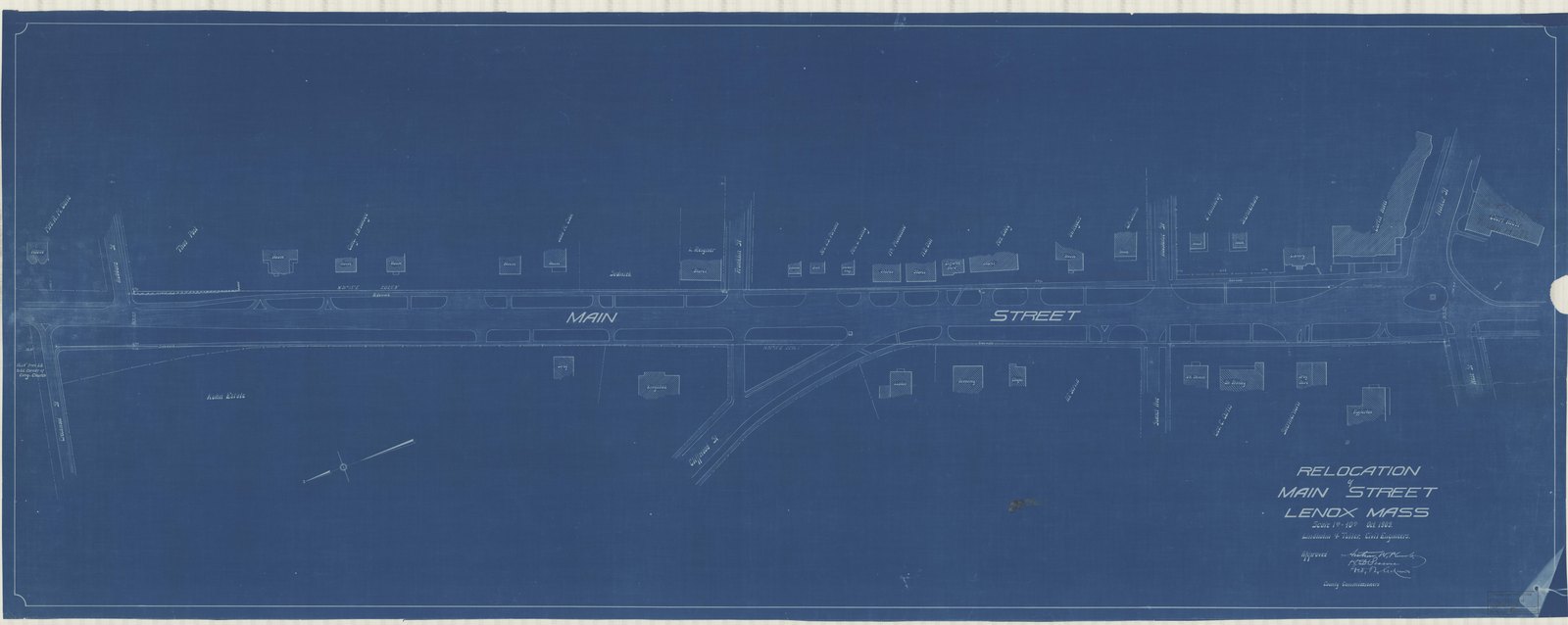 Plan 8, October 1909. “RELOCATION OF MAIN ST./ ; SCALE1"= 40'.” Sheet 26 by 66¼ inches. Inventory note: “Lindholm & Tuller Civil Engineers, orig/ Rec'd from E.C. Carter, P/I/ Rec'd OB. 16-Feb-1914, P/I/”