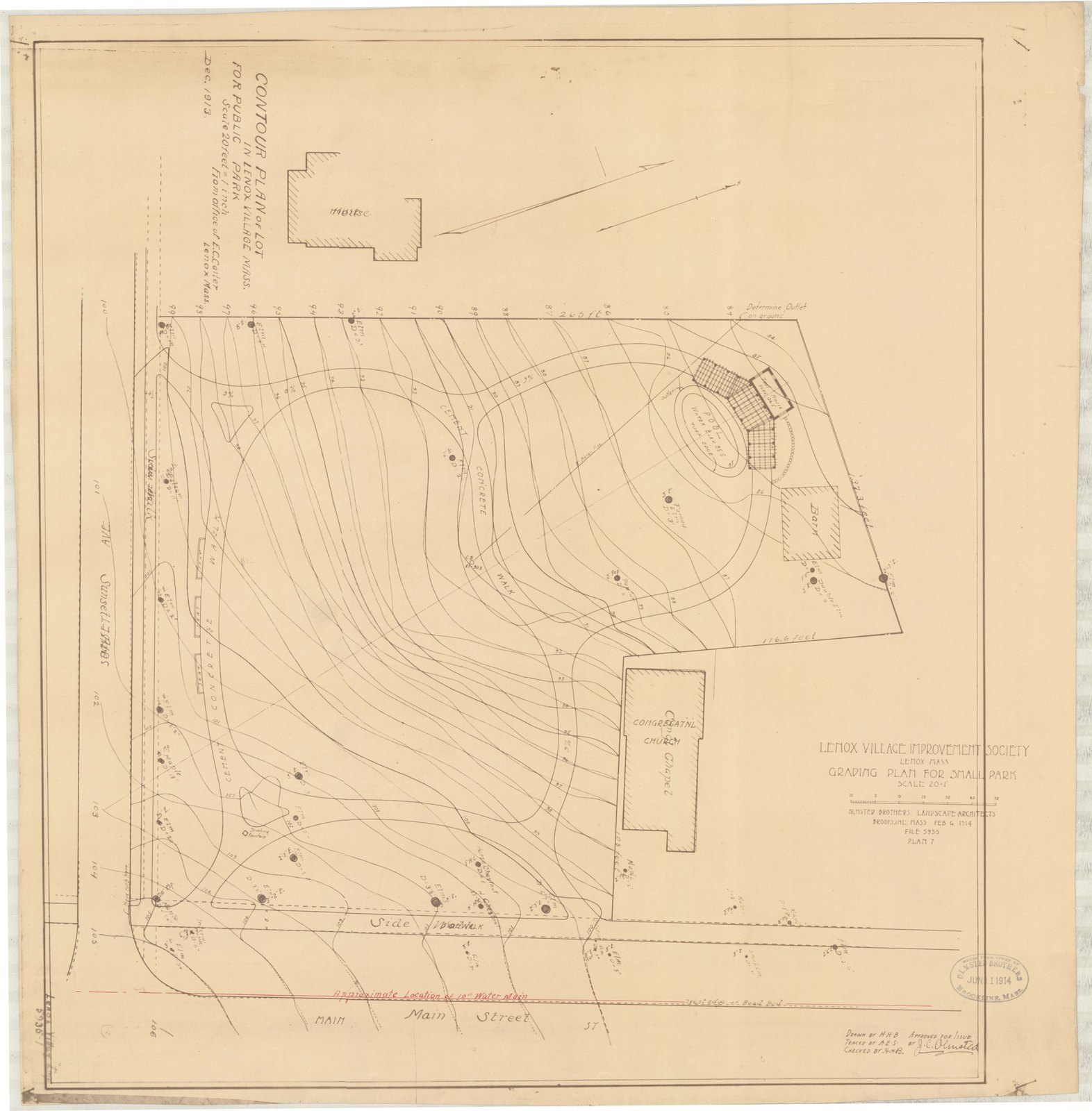 Plan z1, 6 February 1914. “GRADING PLAN FOR SMALL PARK/ ; SCALE 1"= 20'.” Sheet 22½ by 21½ inches. Inventory note: “OBLA, orig/ ( Combined print of # 1 and # 7.)/ Pt. 7 over topo, verso/ Issued OB. 11-Jun-1914, st recto/”
