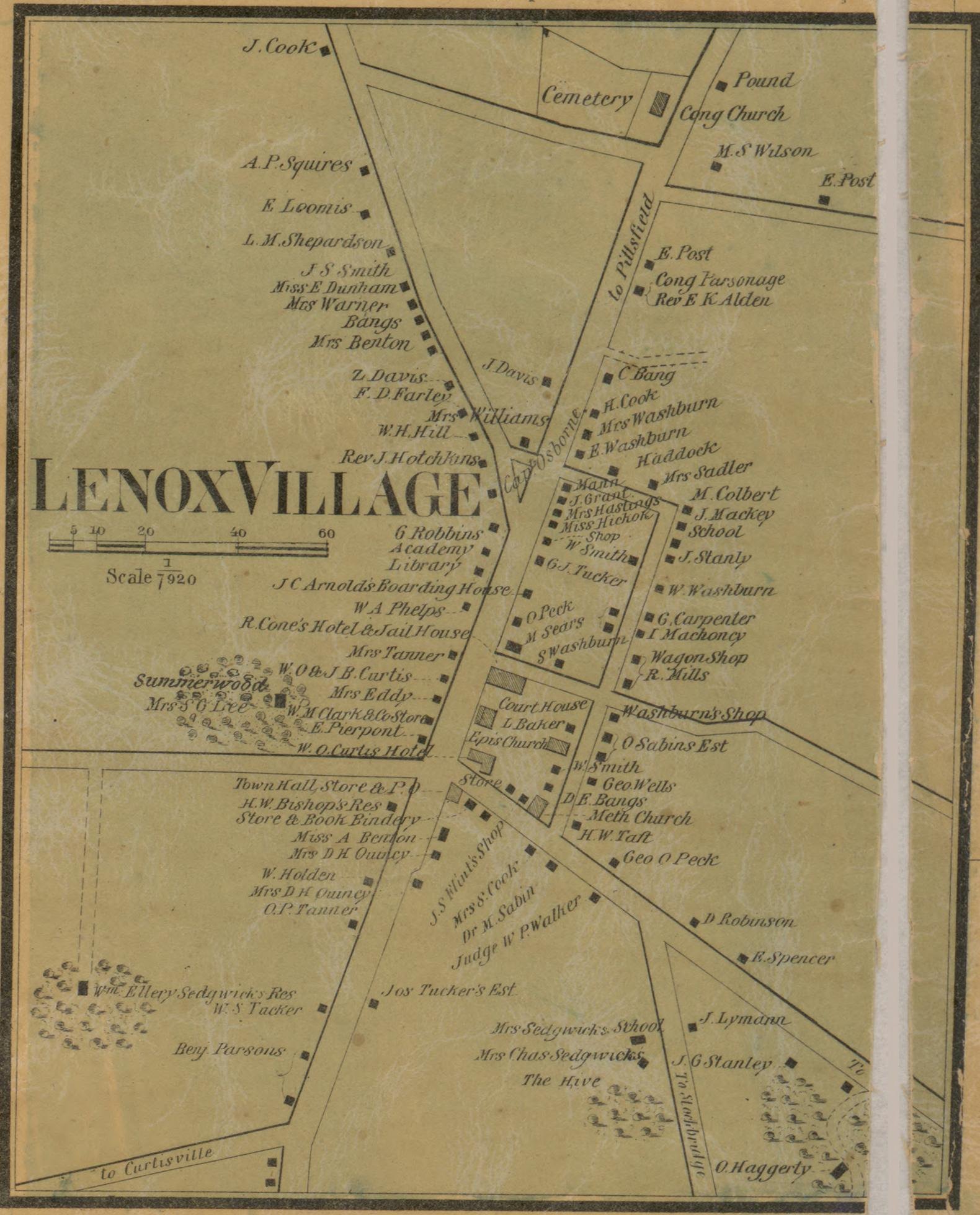Lenox Village, from Walling's 1858 map of Berkshire County — a village plan showing every building, with the occupier's name engraved beside it