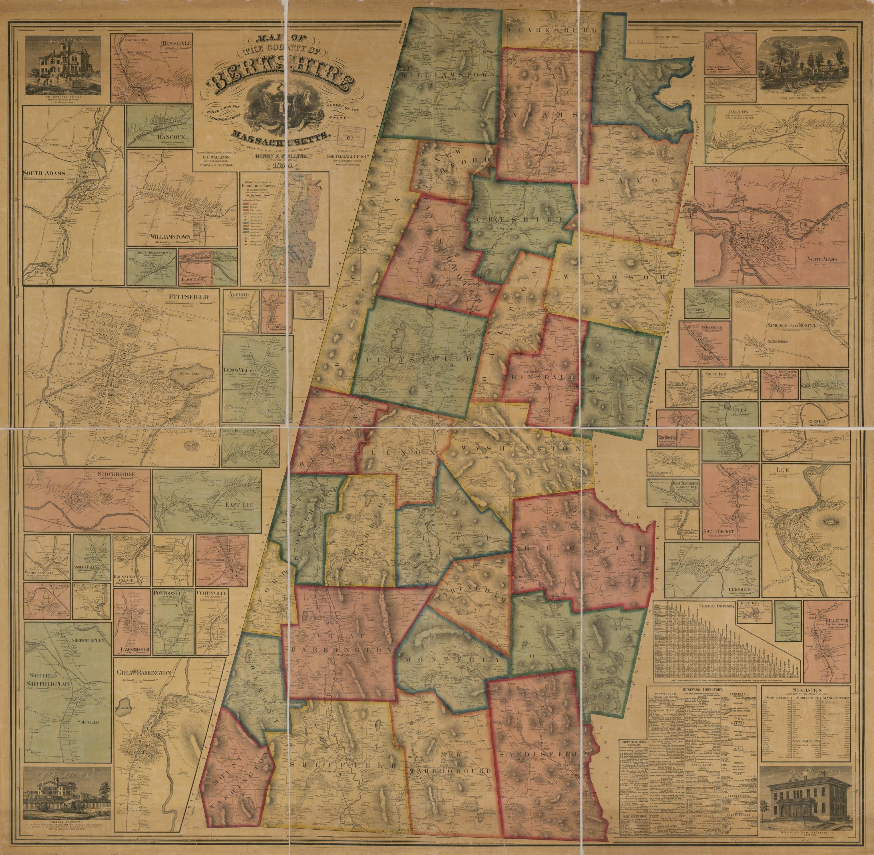 Walling's 1858 map of Berkshire County, the whole sheet: the county map in the middle, forty-nine village plans and printed panels around the margin
