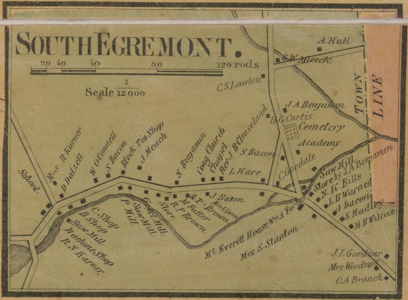 South Egremont, from Walling's 1858 map of Berkshire County — a village plan showing every building, with the occupier's name engraved beside it