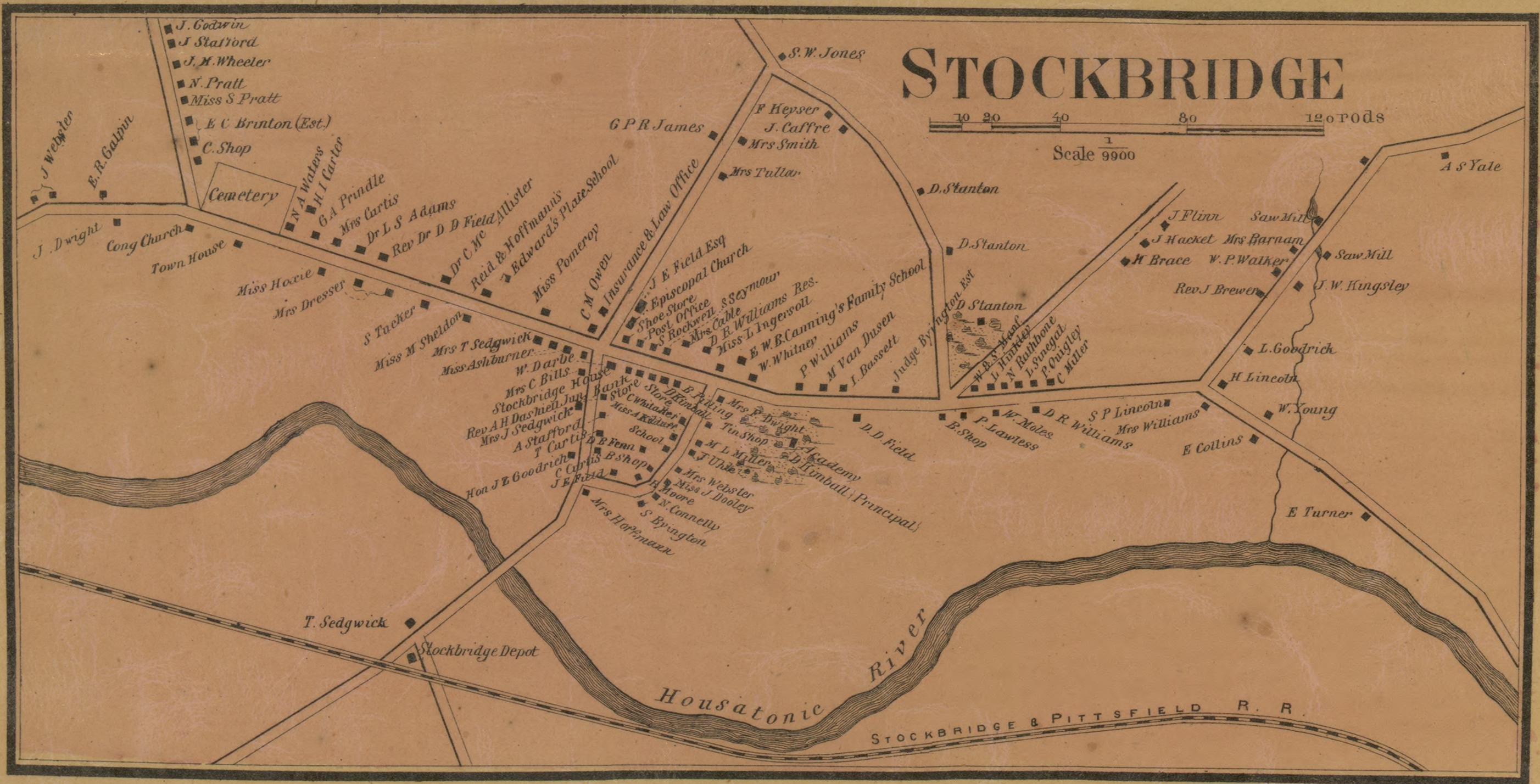 Stockbridge, from Walling's 1858 map of Berkshire County — a village plan showing every building, with the occupier's name engraved beside it