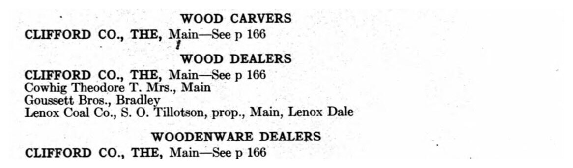 Lenox, 1926. Wood carvers, wood dealers, woodenware dealers — and a hardware store on Main Street under all three.