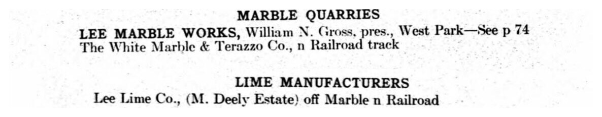 Lee, 1926. Two marble firms and one lime works, and between them something over ninety entries in the alphabetical pages — three of which carry a trade.
