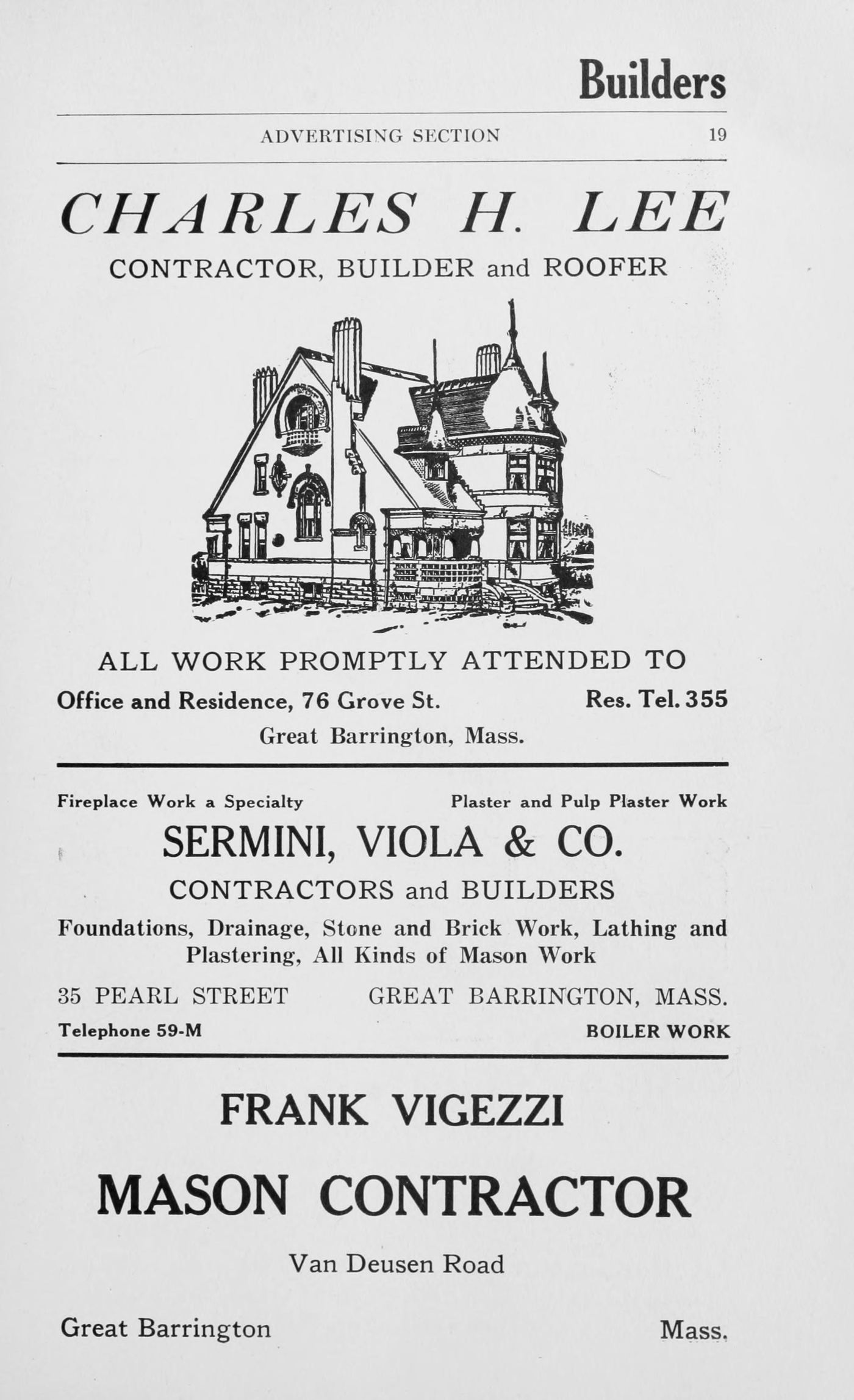 Page 19 of the advertising section, headed “Builders.” Charles H. Lee had a line engraving made of exactly the kind of house he wanted the work on.