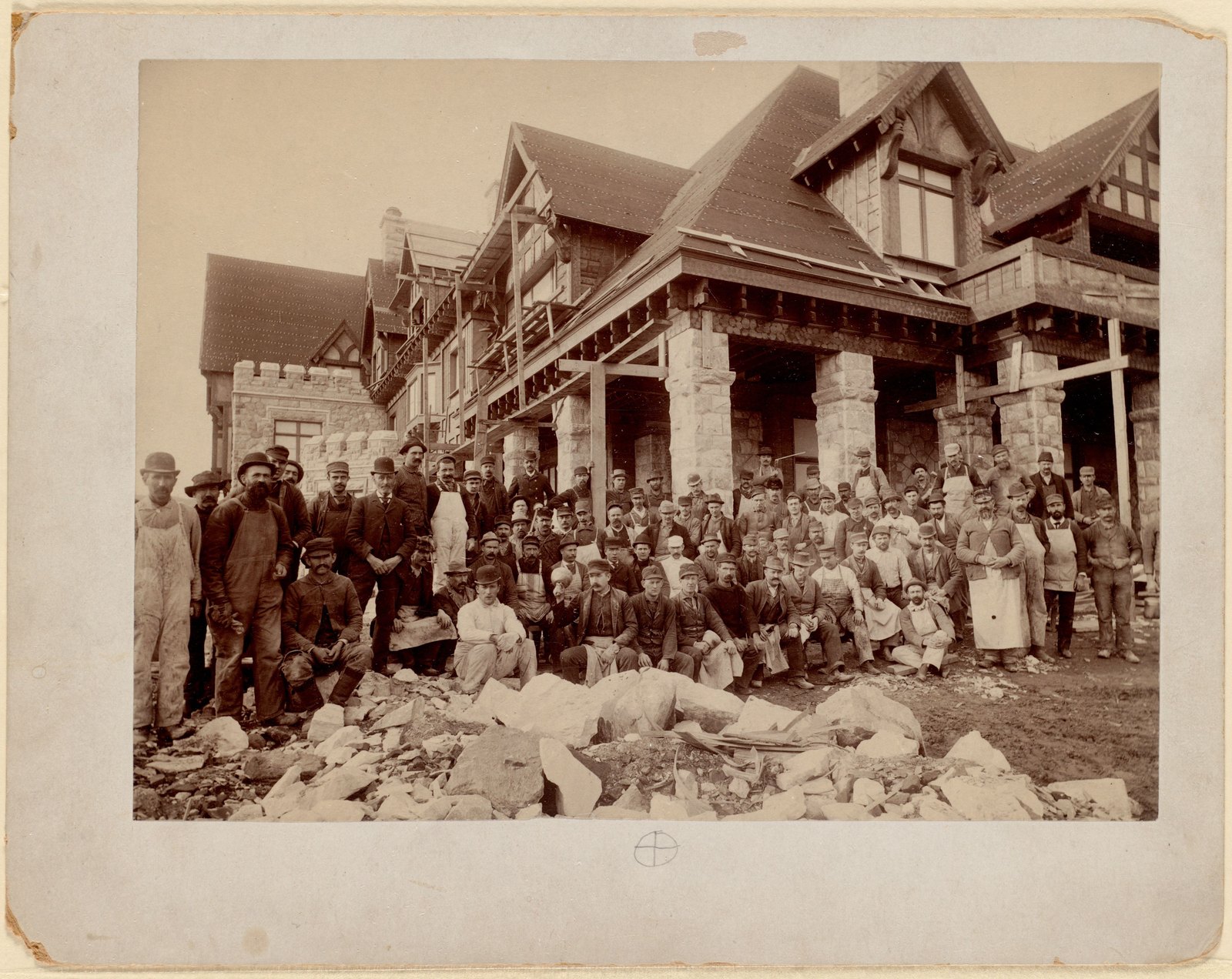 Construction workmen assembled in front of Shadow Brook