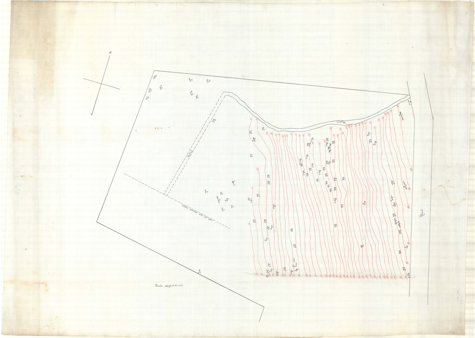 Contour study over the survey, worked in red. Olmsted job 01016.