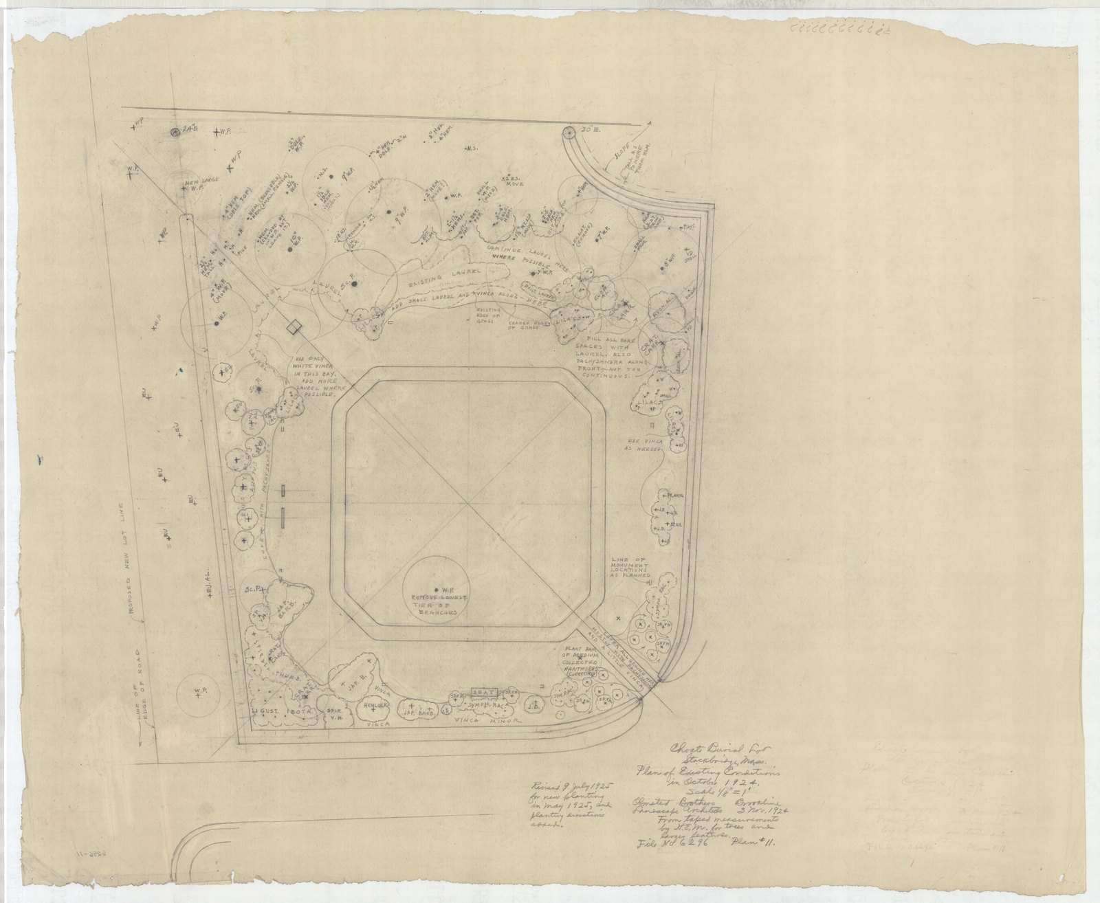 Planting schedule sheet with the beds set out and tabulated. Olmsted job 06296.