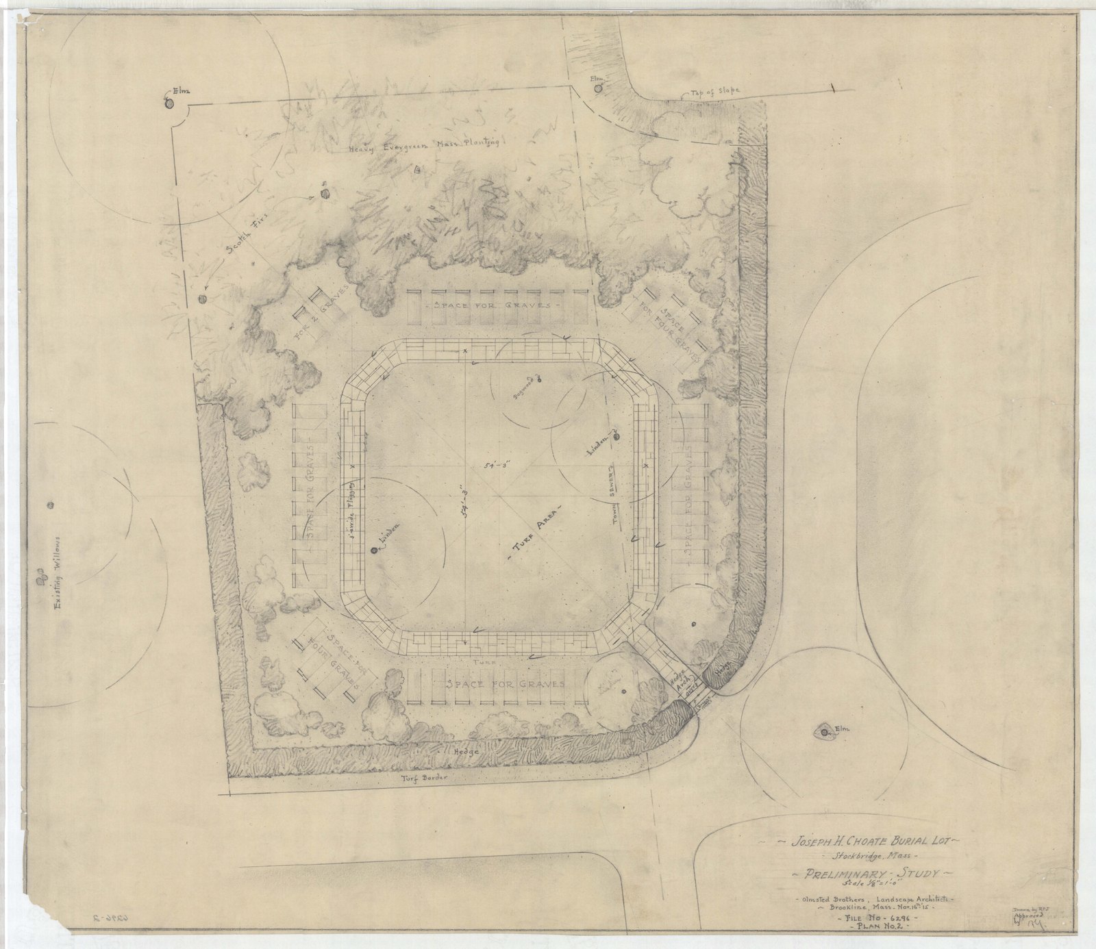 Layout of the lot, with the planting worked around an octagonal enclosure. Olmsted job 06296.