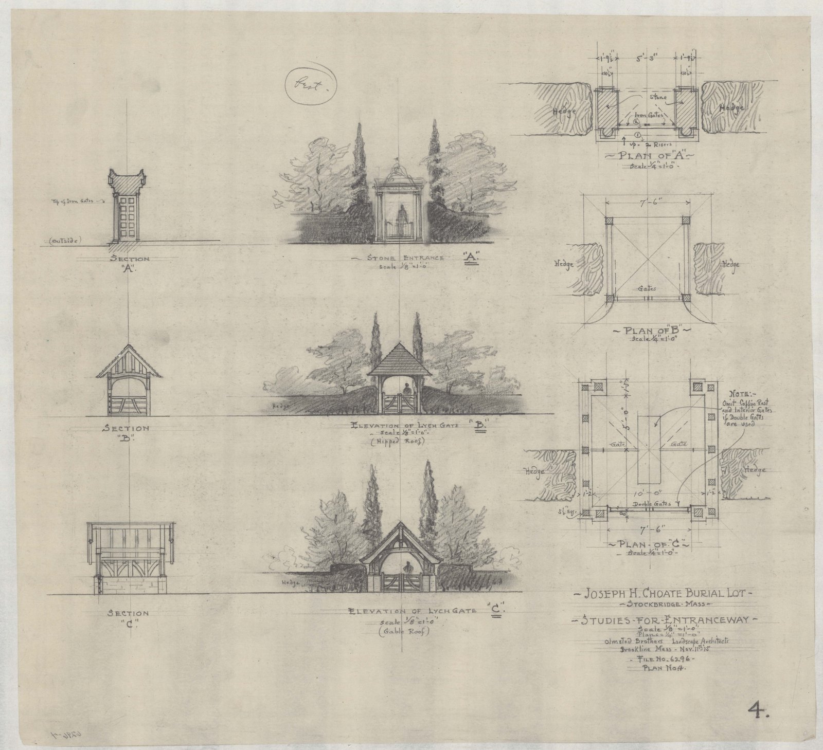 “JOSEPH H. CHOATE BURIAL LOT — STOCKBRIDGE MASS — STUDIES FOR ENTRANCEWAY.” Gate piers, double gates and hedge, at 1/8 and 1/4 inch to the foot. “Olmsted Brothers Landscape Architects, Brookline Mass — Nov. 11th ’15.” File no. 6296, plan no. 4.