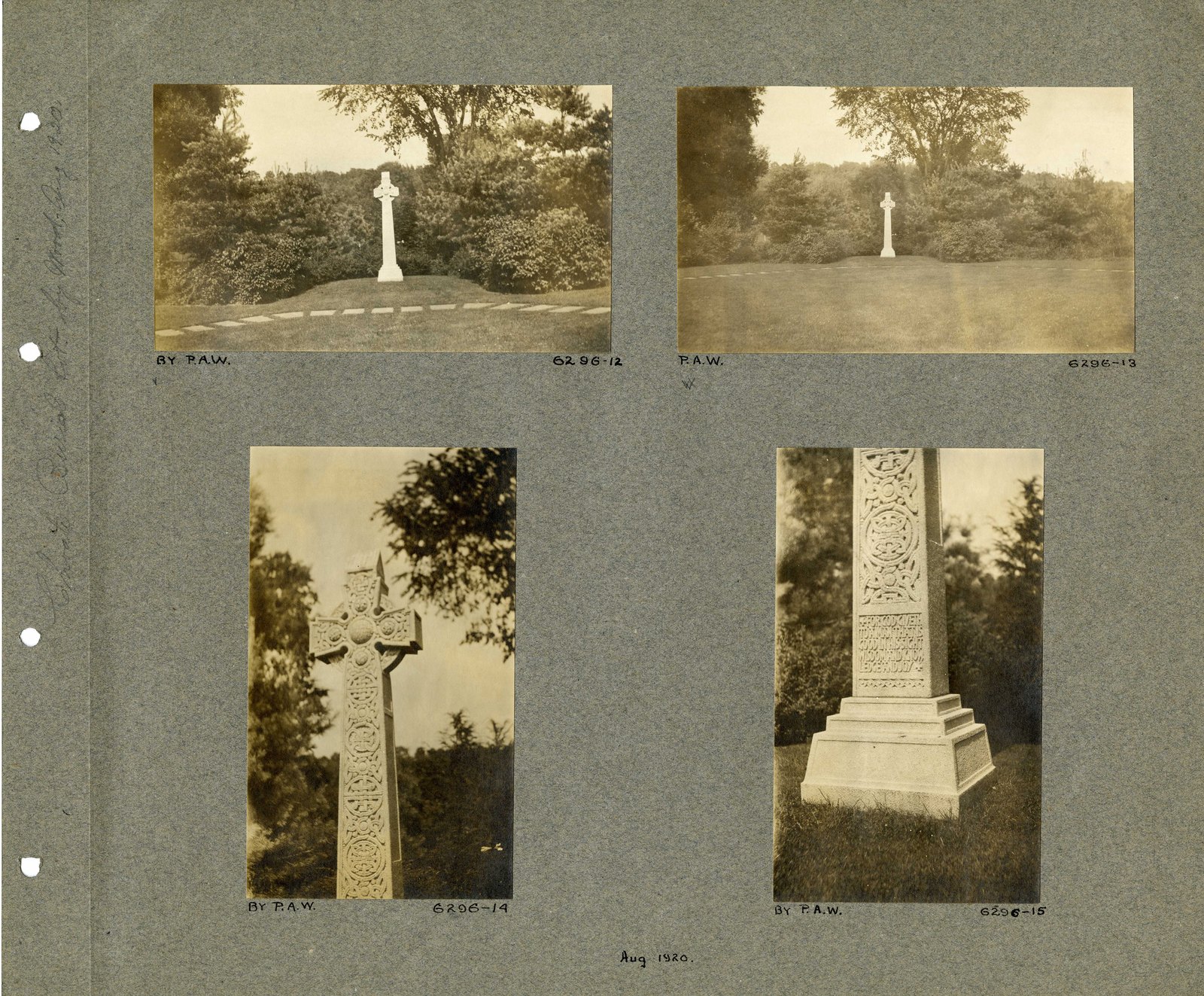 Album page: monuments photographed for comparison — a Celtic cross and a carved shaft. Dated August 1920.