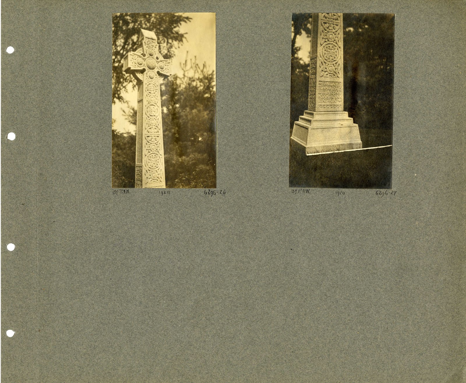Album page: two monuments photographed close, August 1920.