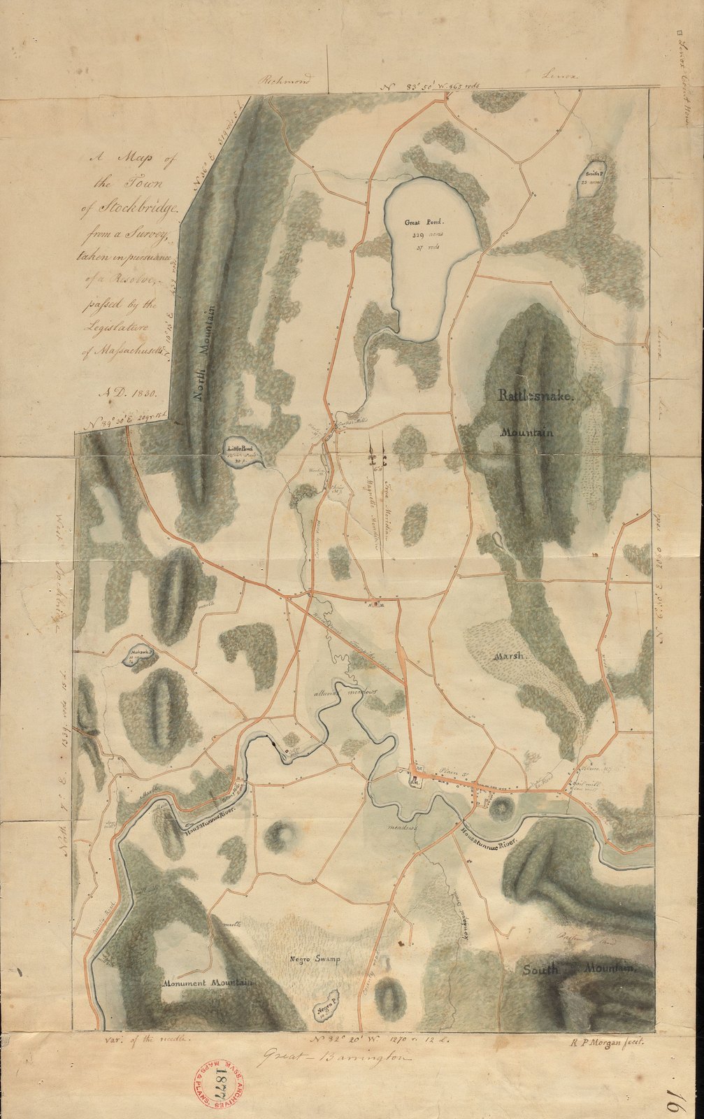 The 1830 manuscript survey map of the town of Stockbridge, drawn in ink and watercolor