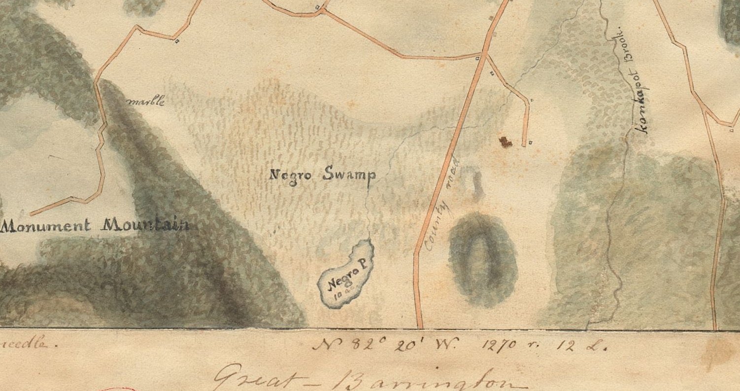 Negro Swamp lettered across the low ground between Monument Mountain and the Great Barrington line, with the County road running past it and the pond below.