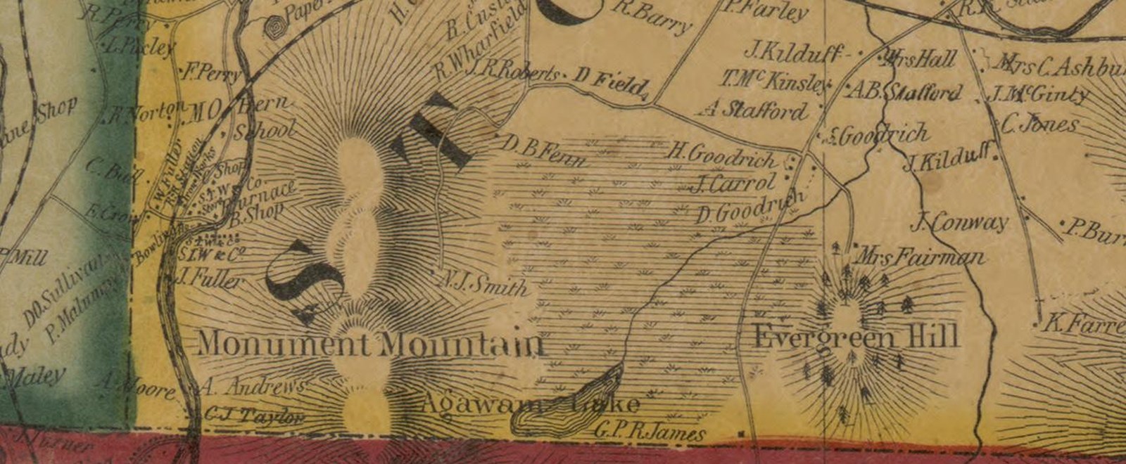 Walling, 1858. Monument Mountain at left, the marsh drawn in the center with householders lettered across it, Evergreen Hill at right - and the pond named AGAWAM LAKE, on the Great Barrington line.