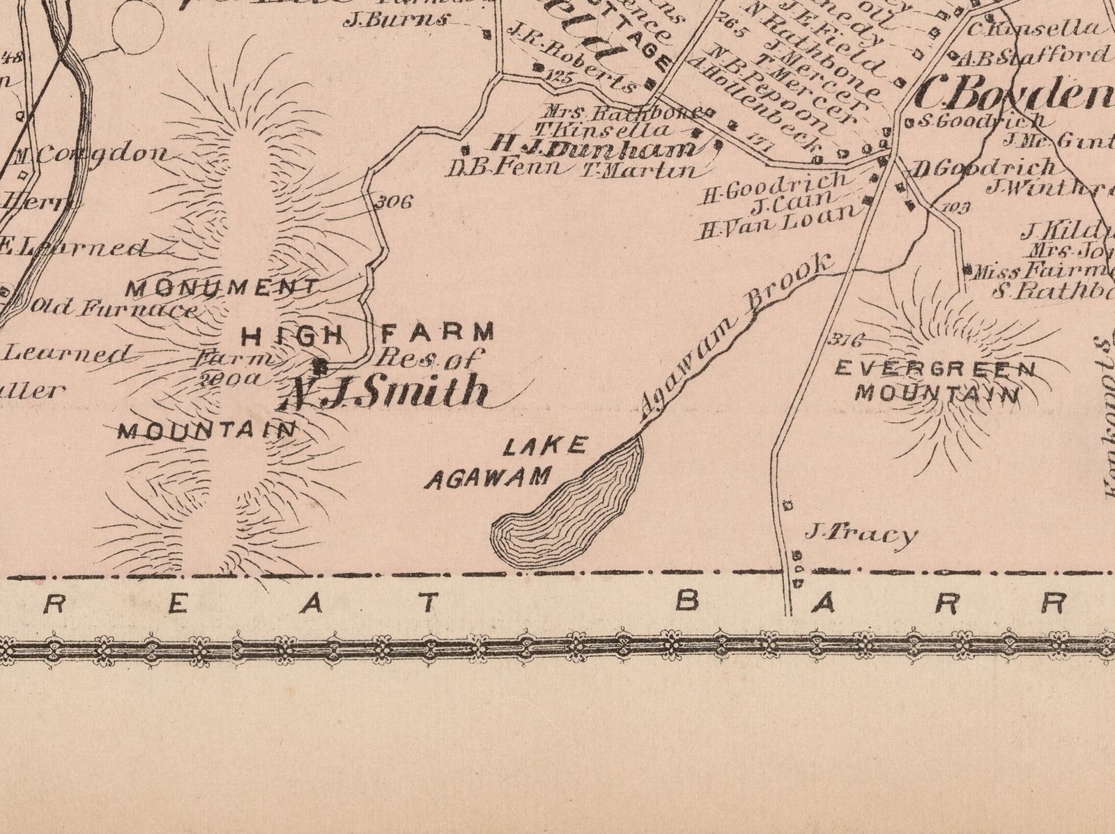The same ground in 1876: Monument Mountain, HIGH FARM, Res. of N. J. Smith, Agawam Brook, Evergreen Mountain — and LAKE AGAWAM.
