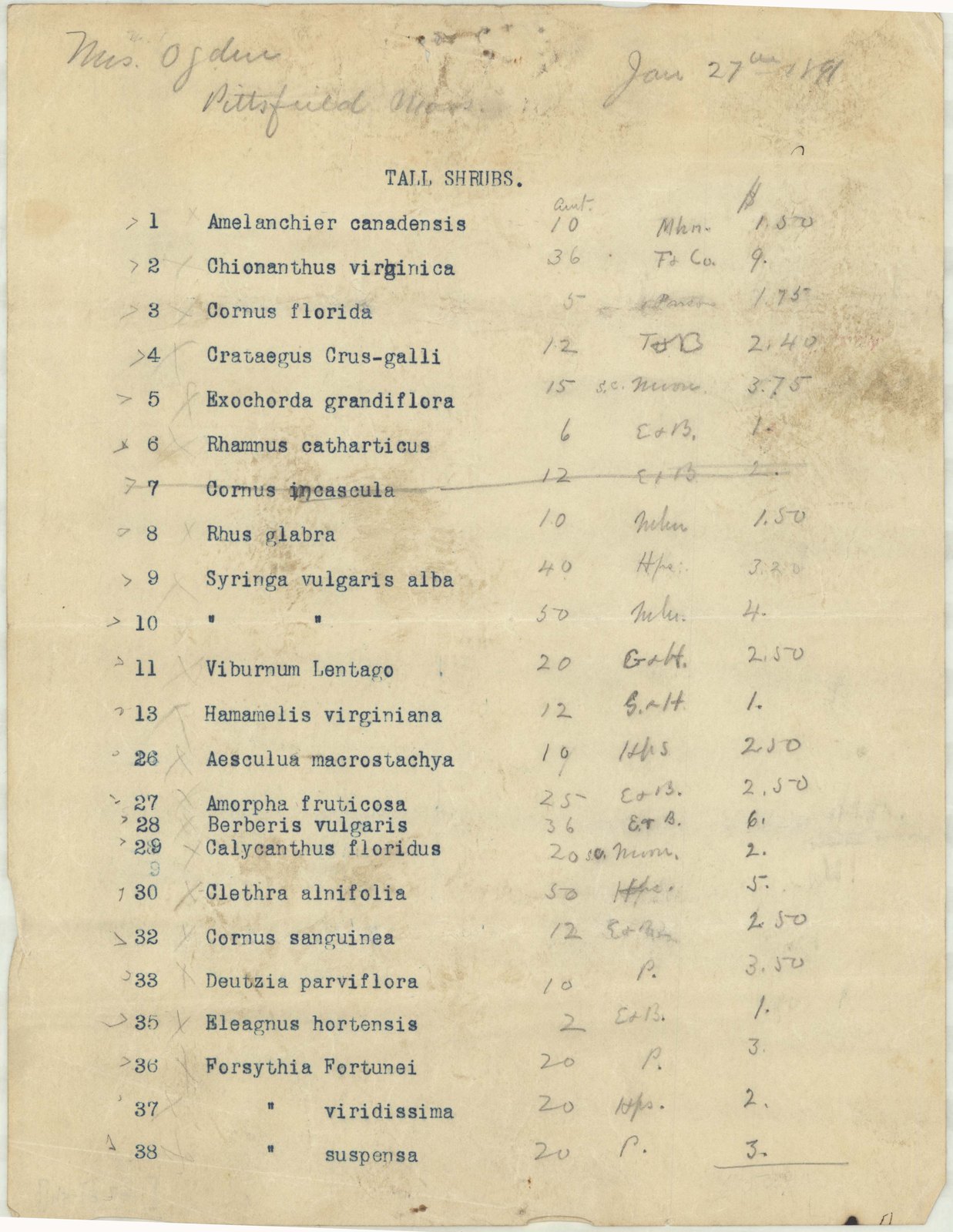 Job 01147, plan Z1, sheet 1, 27 January 1891. “Mrs. Ogden / Pittsfield, MA. / Tall Shrubs.” Inventory note: “[2 page Planting List Numbered 1-67 indicating amount of plants, cost & nursery.]”