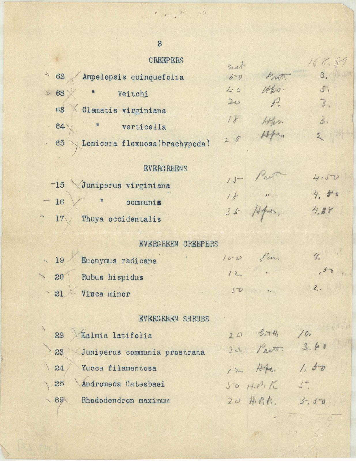 Job 01147, plan Z2, no date. “Creepers / Evergreens / Evergreen Creapers / Evergreen Shrubs.” Inventory note: “[Planting List, indicates amount of plants, cost & nursery.]” The spelling is the cataloguer’s.