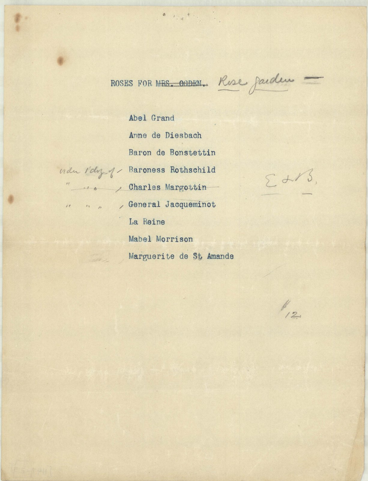 Job 01147, plan Z3, no date. “Roses for Mrs. Ogden” struck out on the sheet and replaced with “Rose Garden.” Inventory note: “[Planting List with verities in alphabetical order.]”