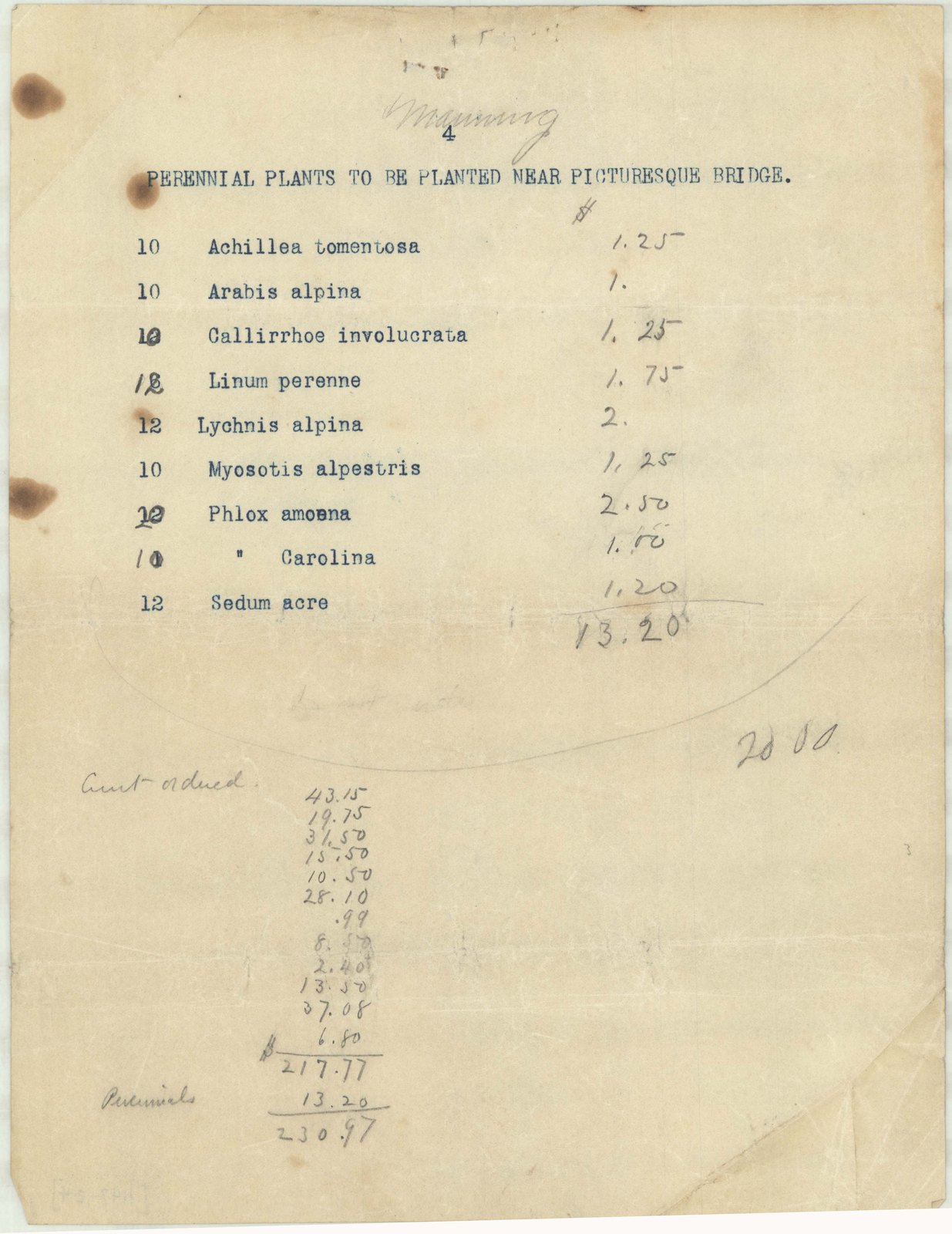 Job 01147, plan Z4, no date. “Perennial Plants to be Planted Near Picturesque Bridge.” Inventory note: “[Planting List with verieties in alphabetical order.]”