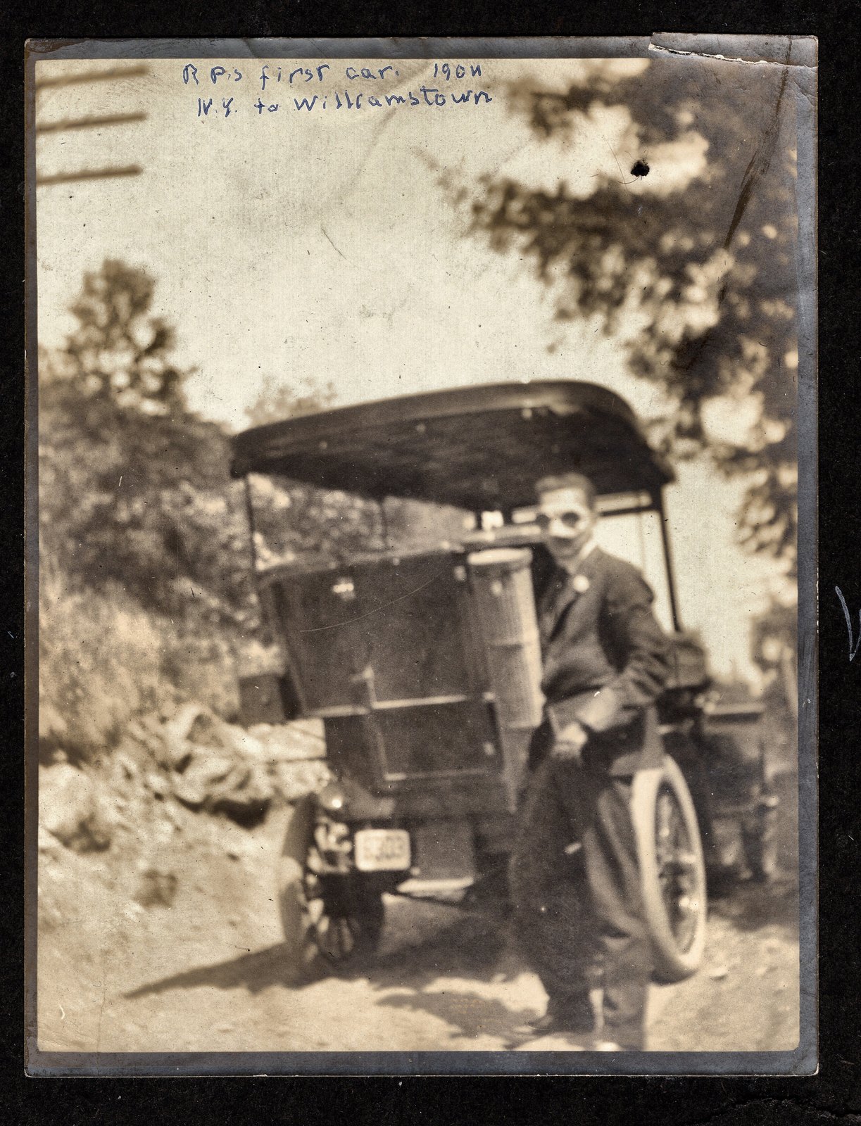 R. P.’s first car. 1904. N. Y. to Williamstown - written on the print. Two hundred miles from New York to the Berkshires over roads built for horses.