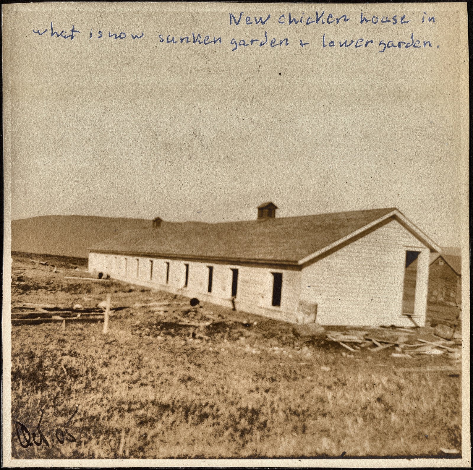 New chicken house in what is now sunken garden and lower garden. The note is in a later hand on the album page.