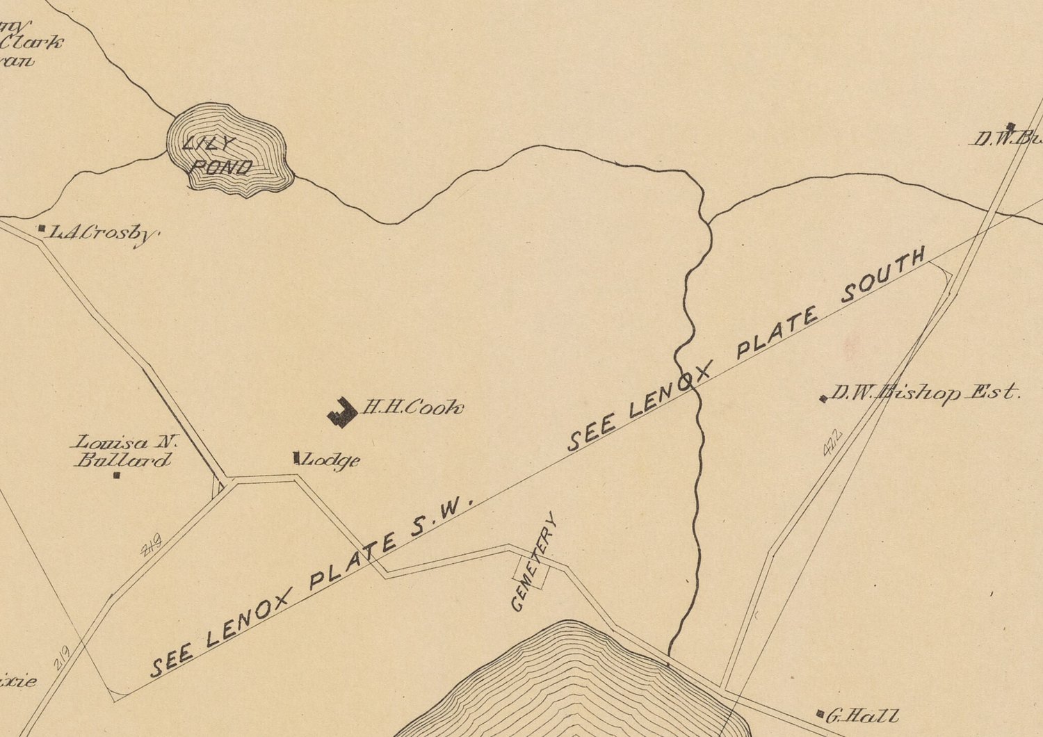 The north end of the same road on the 1904 atlas: the cemetery, a building marked Lodge, and the parcel of H. H. Cook, who built Wheatleigh just over the Lenox line. Lily Pond at the top, the Stockbridge Bowl at the bottom.