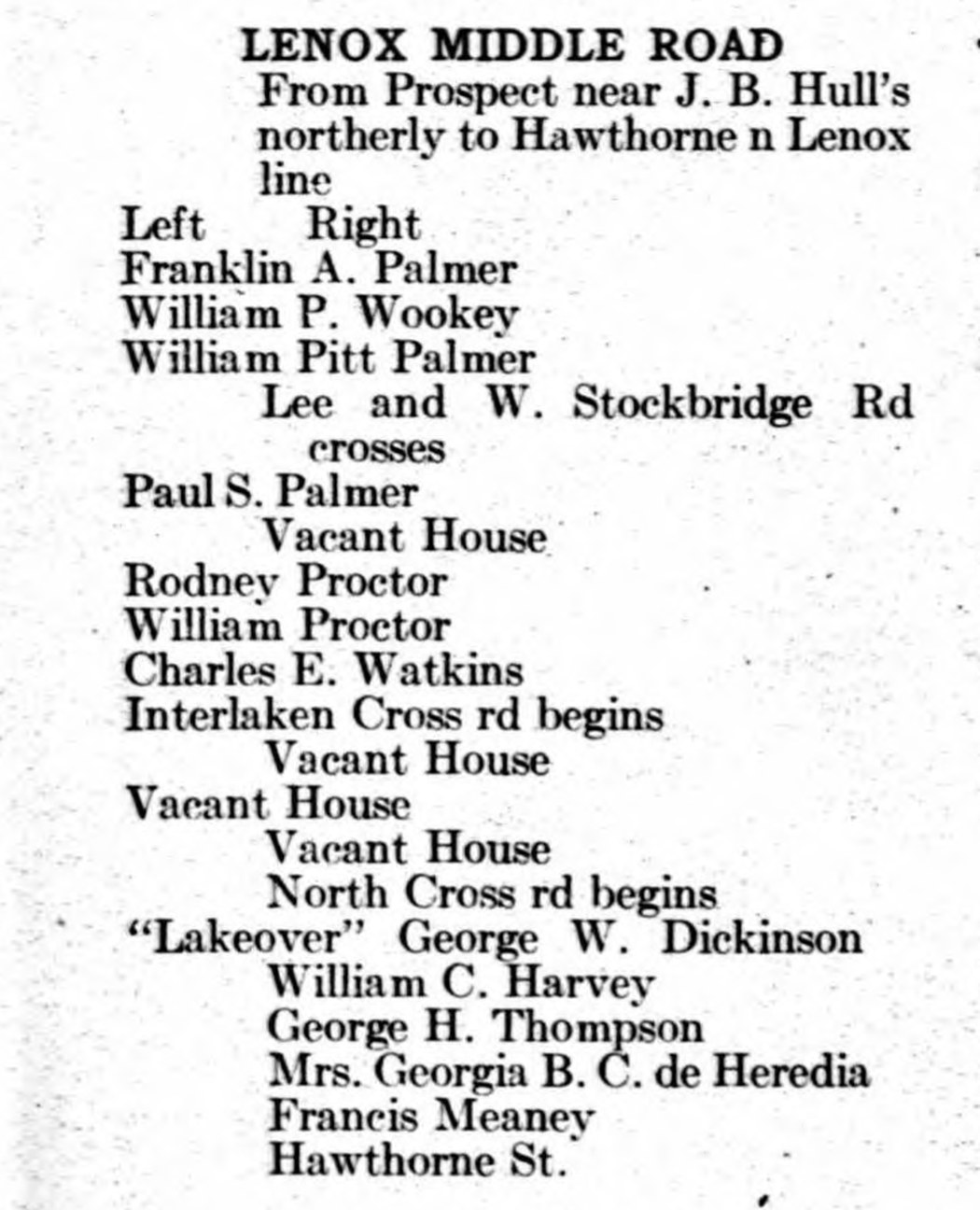 Lenox Middle Road as the 1926 Central Berkshire directory prints it: from Prospect near J. B. Hull’s northerly to Hawthorne n Lenox line. Rodney Proctor, William Proctor and Charles E. Watkins stand between Paul S. Palmer and the Interlaken Cross road.