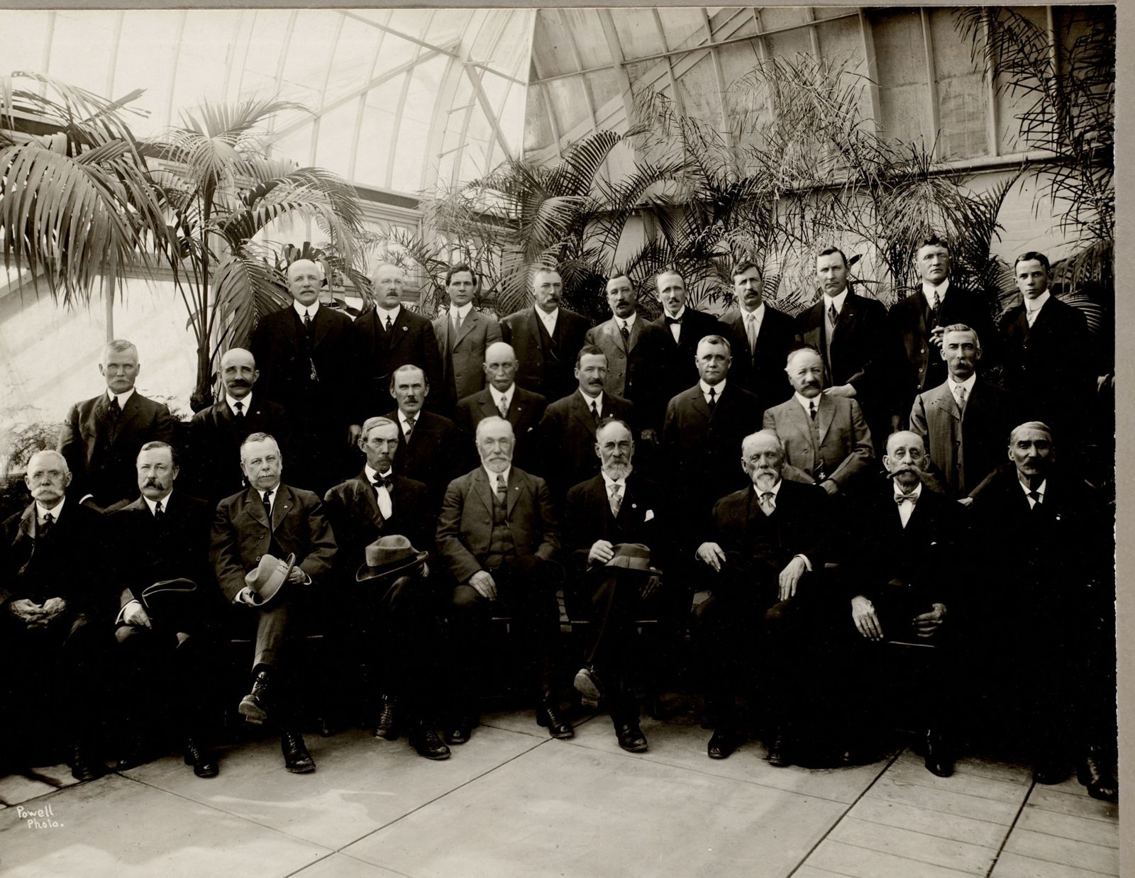The Lenox Horticultural Society, photographed by Powell in a palm house. Thirty or so head gardeners — the profession that kept the Berkshire cottages alive. No names are given on the mount. Lenox Library Association, Local History Photograph Collection, via Digital Commonwealth. CC BY 4.0.