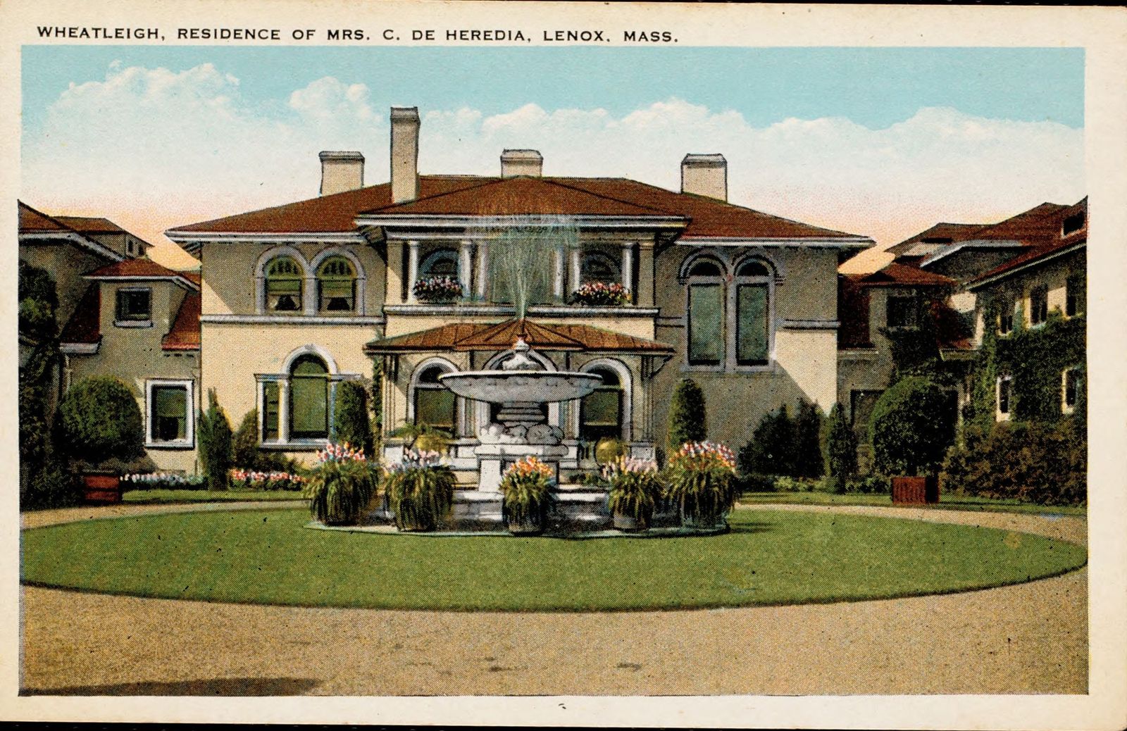 A postcard of the house, captioned “Wheatleigh, Residence of Mrs. C. de Heredia, Lenox, Mass.” — the same attribution the archive uses. Lenox Library Association, Local History Photograph Collection, via Digital Commonwealth. CC BY 4.0.