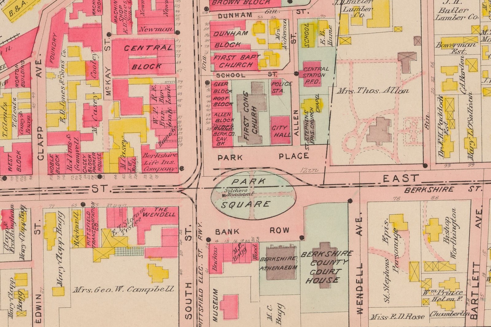 Plate 2: Park Square, a quarter mile east. The oval with the Soldiers Monument lettered in script, GITY HALL and the First Congregational Church on Park Place — the plate’s gothic capital C is drawn with a heavy terminal bar, so C reads as G in these display lines — the stone BERKSHIRE ATHENAEUM and BERKSHIRE COUNTY COURT HOUSE on the south side, and the Parker House and THE WENDELL on West Street between the square and the depot.