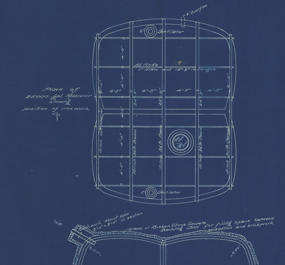 “Plan of 25000 Gal. Reservoir showing position of iron work.” All rods one inch in diameter and eighteen feet three inches in length. A whole sheet drawn to locate ironmongery that nobody would ever see again.