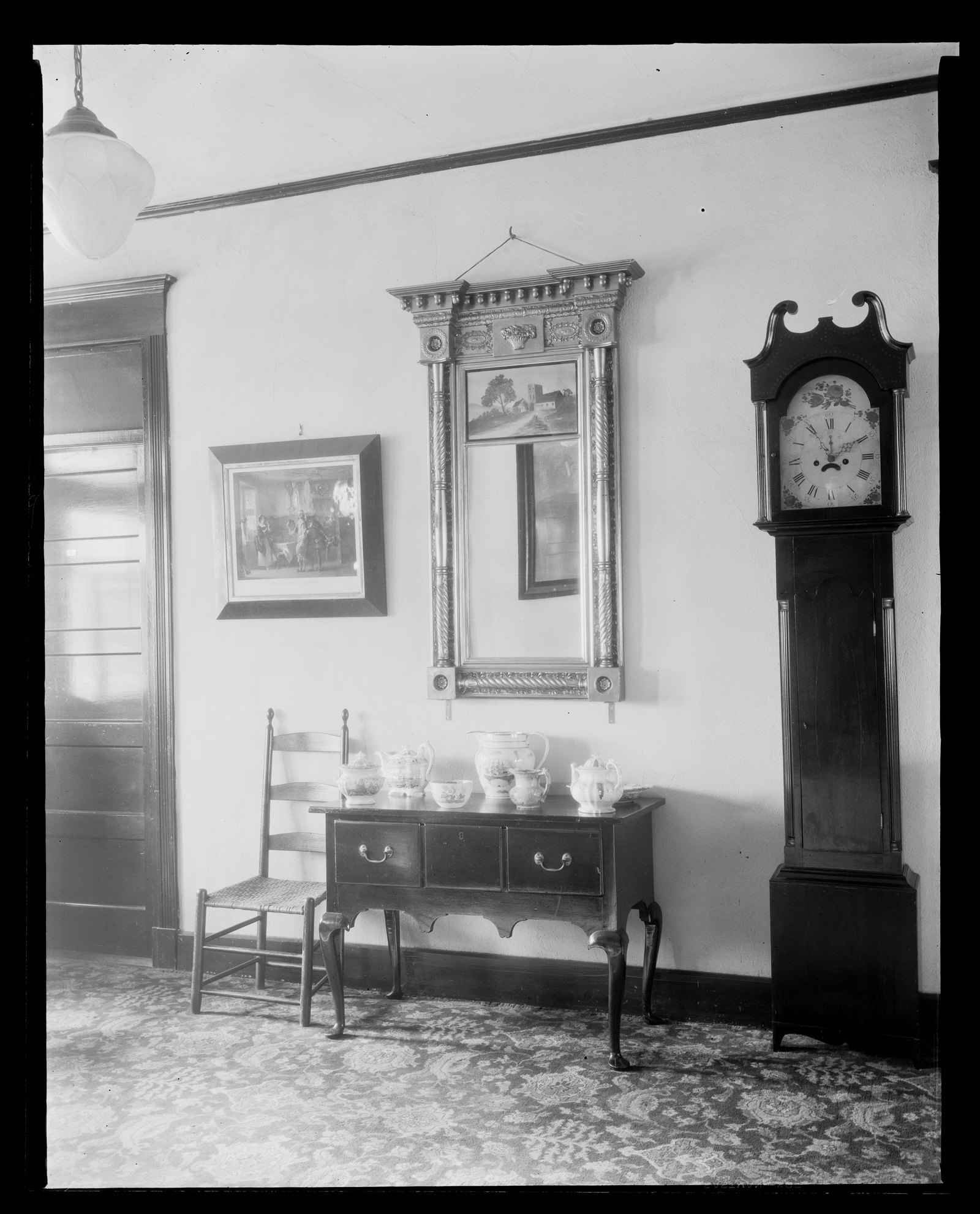 Red Lion Inn: interior/furniture, mirror & standing clock. About 1925–1933.