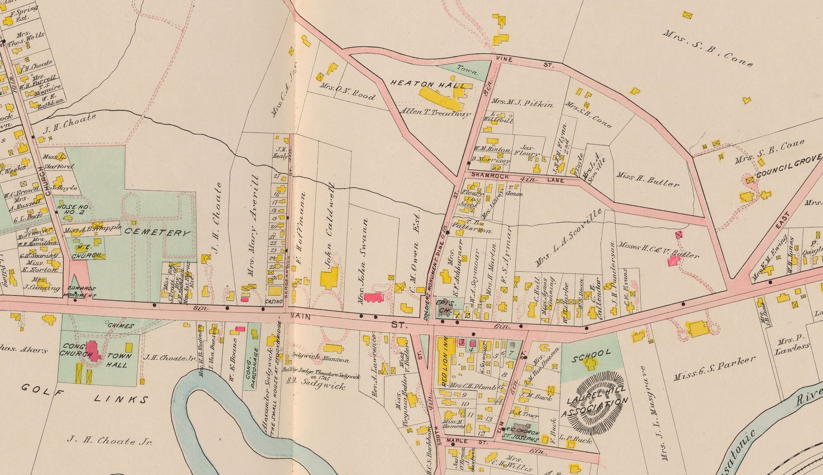 Plate 28, detail: the middle of the village in 1904. The Edwards Monument and the Congregational church at the left; along the north side of Main Street the Casino, John Caldwell, Mrs. John Swann in brick, and C. M. Owen Est. at Pine Street; across from them the Red Lion Inn. Up the hill, Allen T. Treadway’s Heaton Hall between Pine and Vine streets.