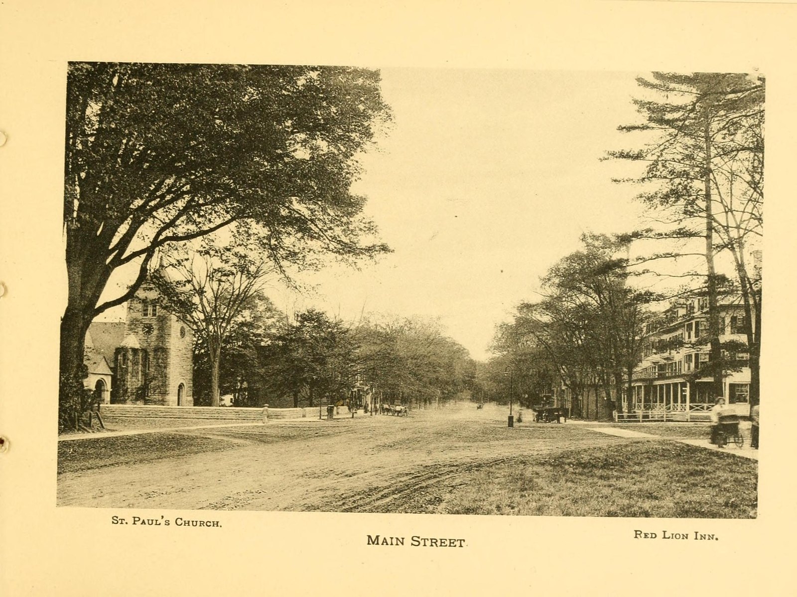 Main Street, from Glimpses of Stockbridge. The plate is captioned St. Paul’s Church at the left and Red Lion Inn at the right.