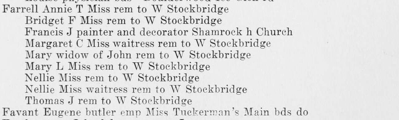 A block of directory entries, eight of them reading ‘rem to W Stockbridge’