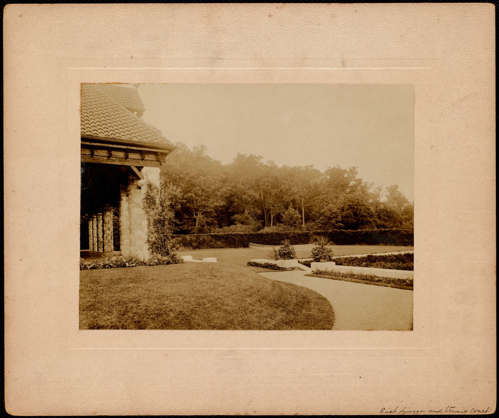 Shadow Brook: east piazza and tennis court. about 1895–1899.