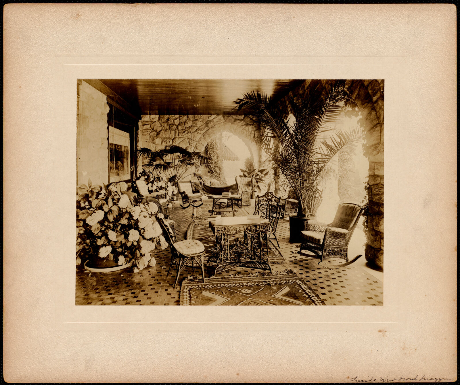 Shadow Brook: inside view front piazza. about 1895–1899.