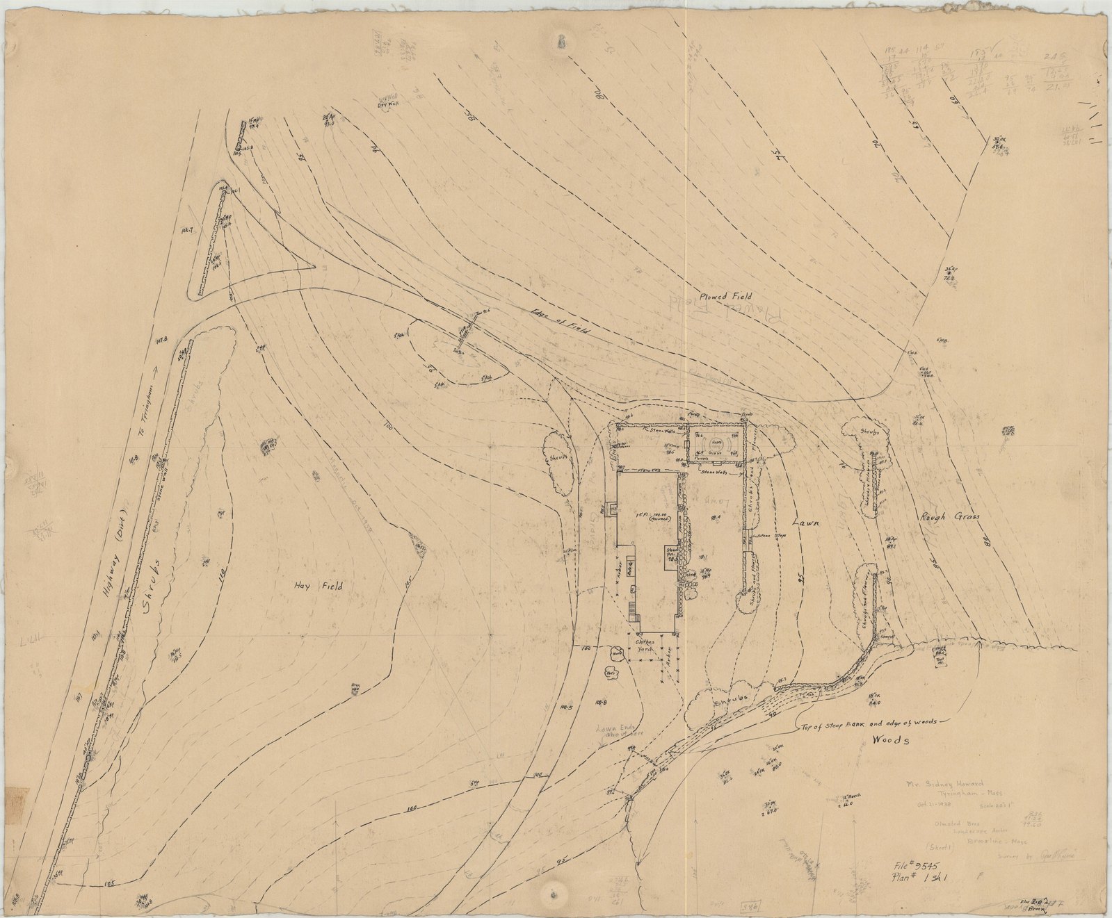 Plan 1, sheet 1, 21 October 1938. “Mr. Sidney Howard, Tyringham, Mass. Plane Table Sheet. Scale 1” = 20’.” Inventory note: “Highway to Tyringham, Driveway, & House, Survey by Geo. A. Lewis.”