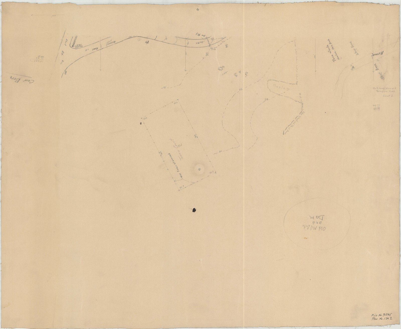 Plan 1, sheet 2, no date. The second plane table sheet. Inventory note: “Driveway, Cowbarn, Tennis Court, Old Mill Site & Dam.”