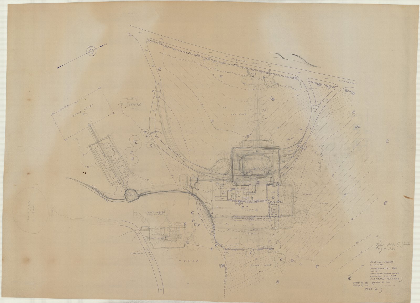 Plan 3, 4 August 1939. “Mr. Sidney Howard, Tyringham, Mass. Field Notes by Zach. Scale 1” = 20’.” Inventory note: “Sketch for entry, & additional notes. Sketch verso.”