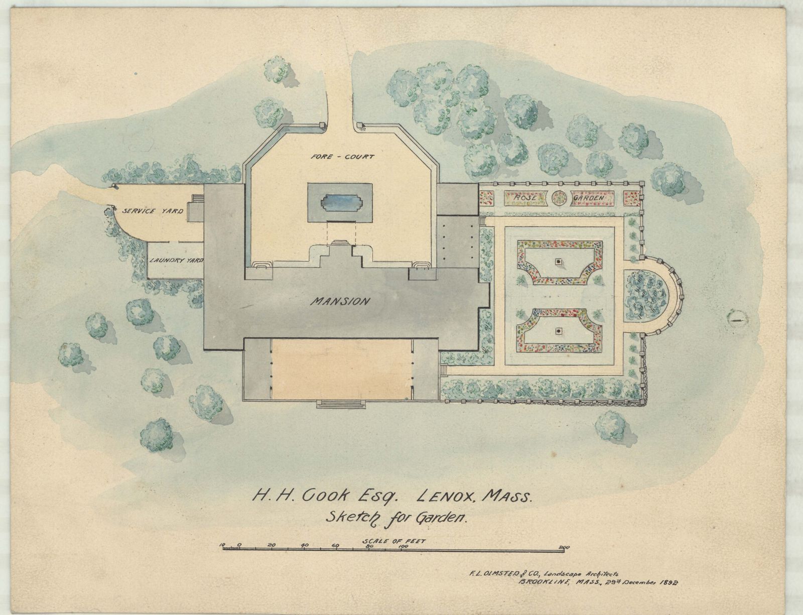 Plan 7, 29 December 1892. “Sketch for Garden.” The forecourt, the house and the garden in color, before anything was settled.