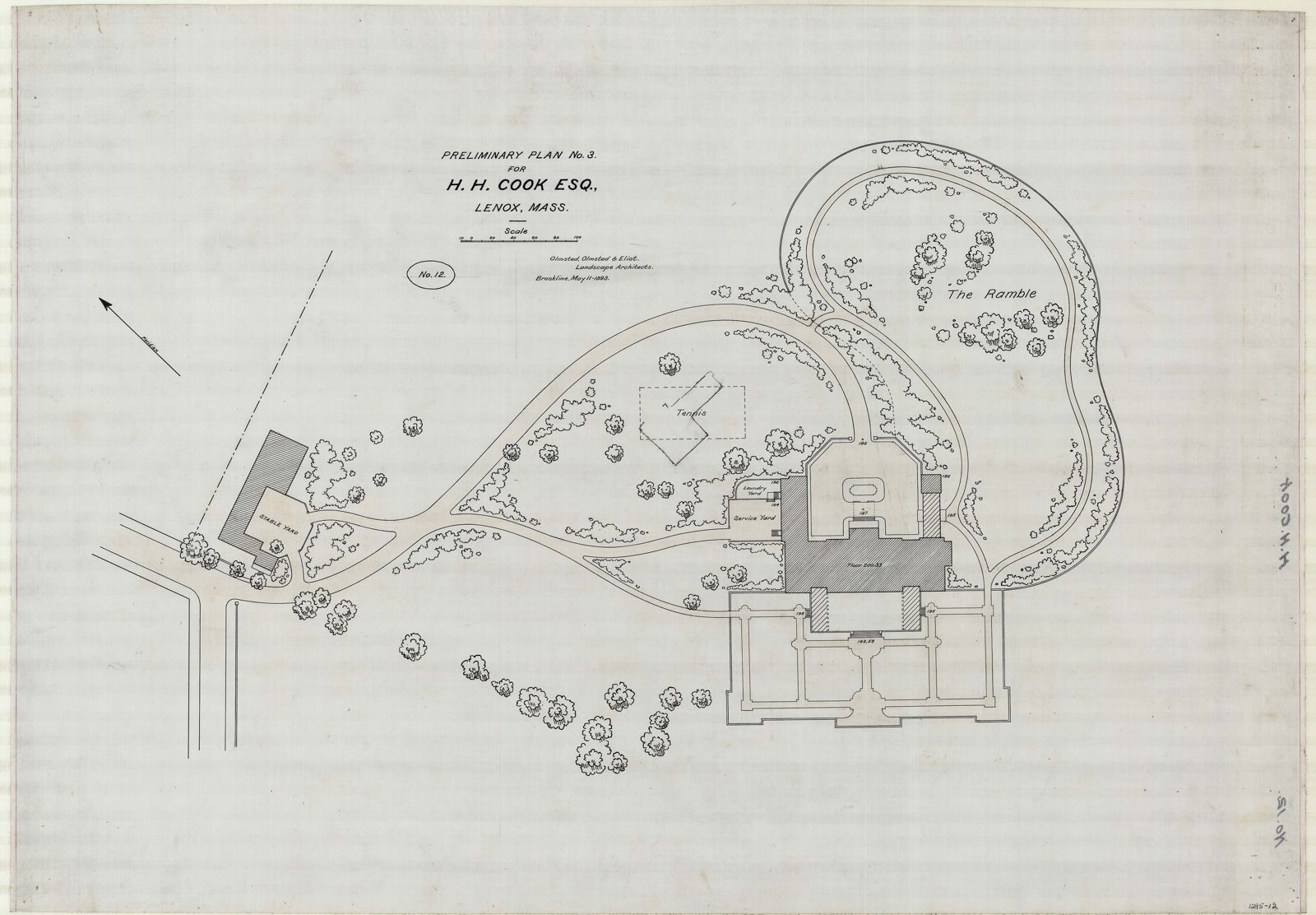 Plan 12, 11 May 1893. Preliminary Plan No. 3 — stable yard, tennis courts, service yards and “The Ramble.”